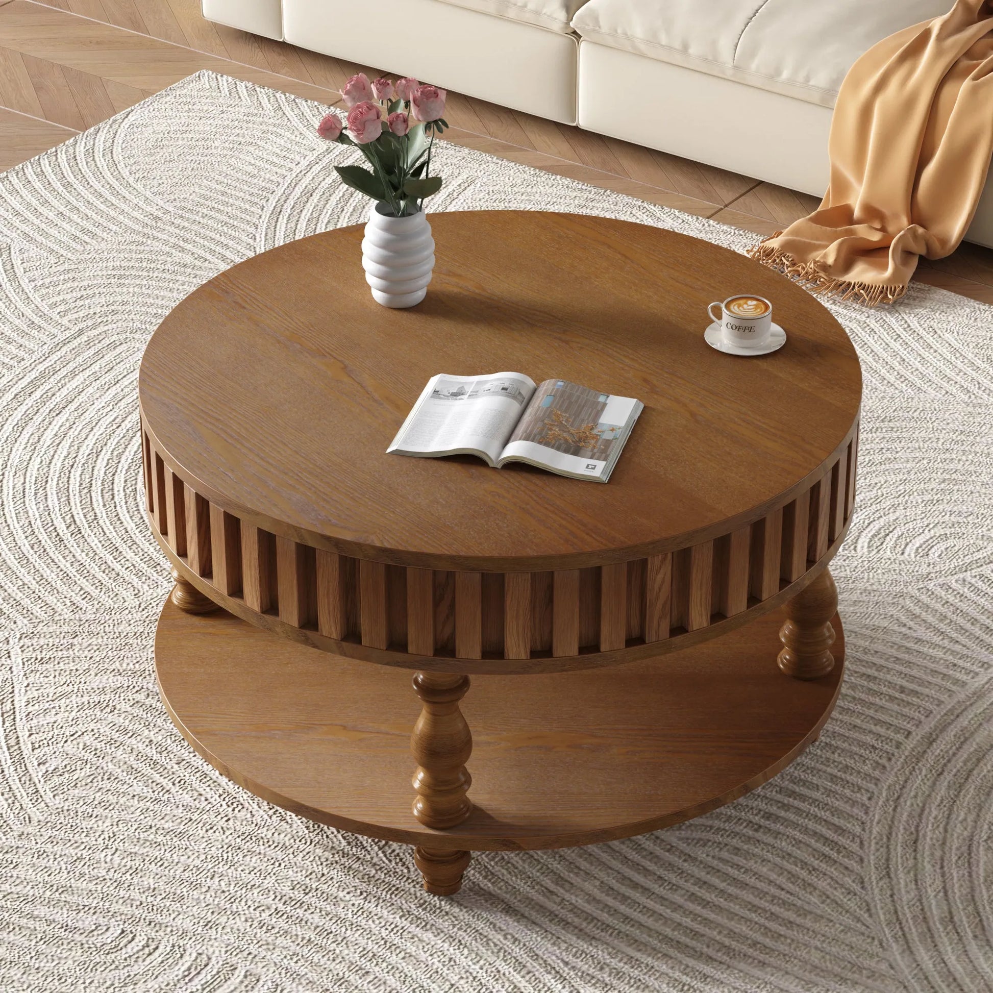 Farmhouse Fluted Coffee Table with Storage and Flip-Top Lids, Rustic Brown Center Table for Living Room with Spacious Hidden Storage, Sturdy Durable – view 6