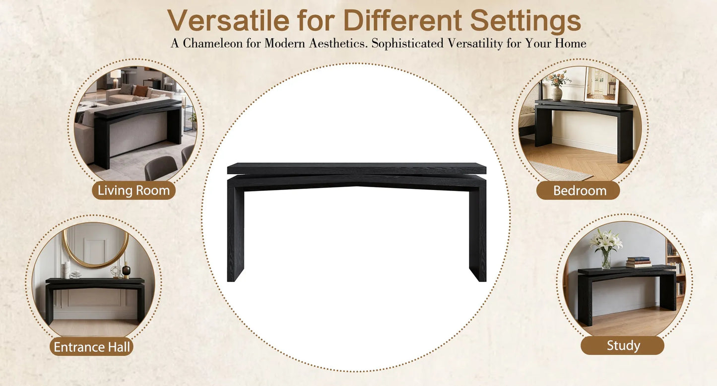 65-Inch Rustic Solid Wood Veneer Console Table, Long Farmhouse Entryway Sofa Table for Living Room, Hallway, Behind Couch, Apartment, Black – view 6