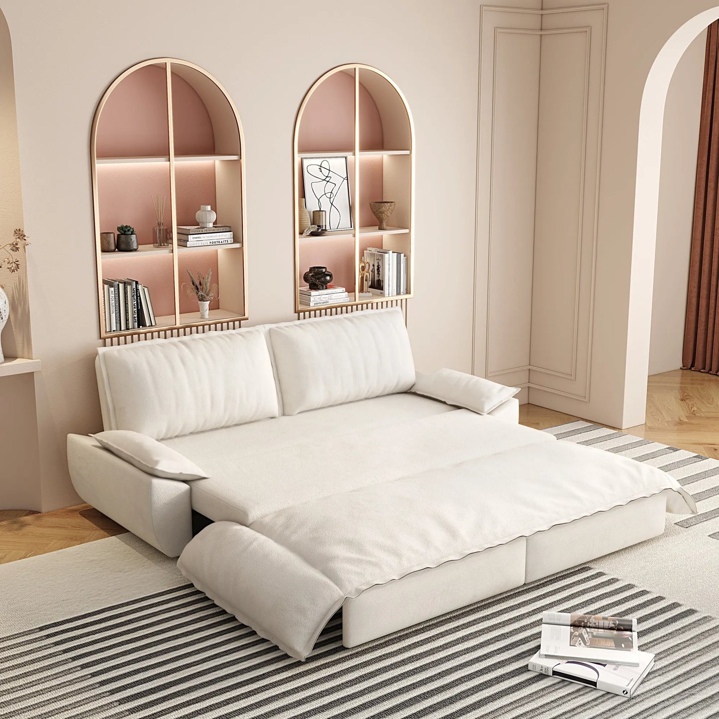 73.2'Queen Pull Out Sofa Bed,3-in-1 Convertible Sleeper Sofa,Multi-Functional Velvet Loveseat Bed,Beige/White – view 6