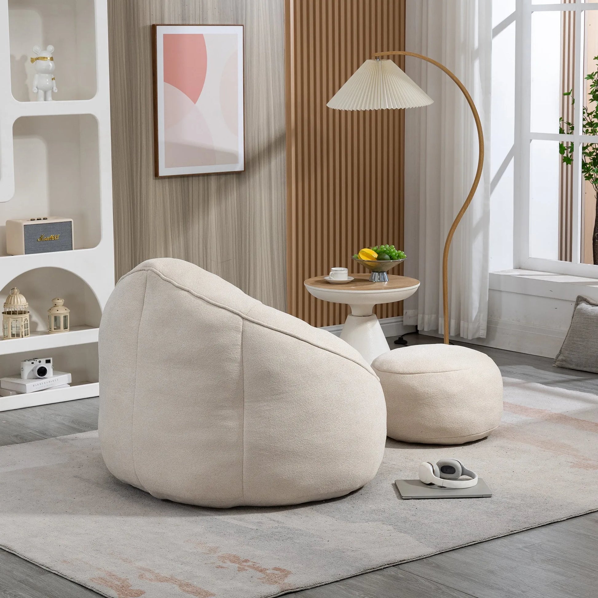 Bedding Bean Bag Sofa Chair with High-Pressure Foam and Footrest, Beige Microfiber – view 6