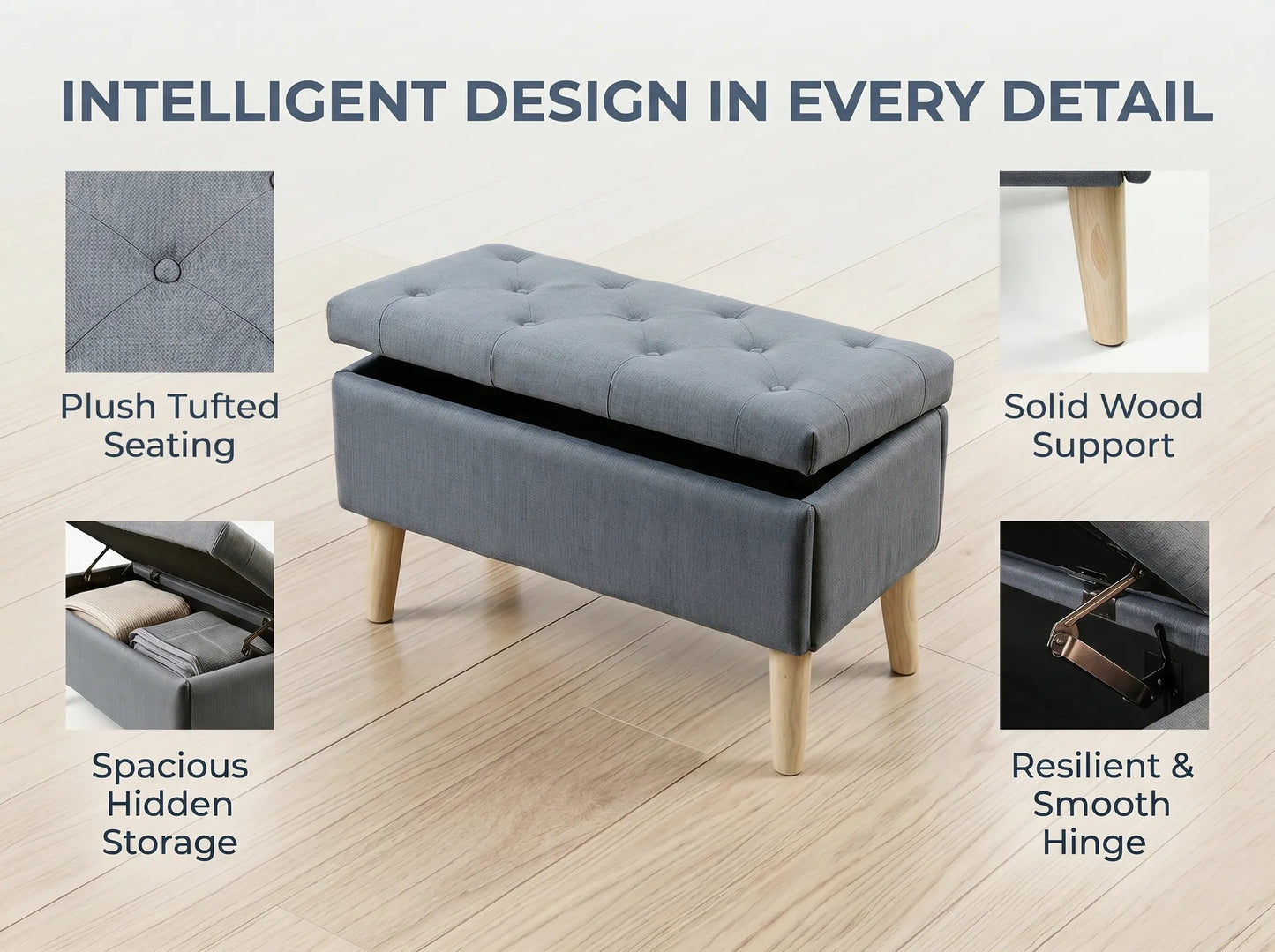 32' Wide Storage Ottoman Bench with Built-in Tray, Square Storage Ottoman for Extra Storage, Upholstered Footrest and End of Bed Bench, Perfect for – view 6