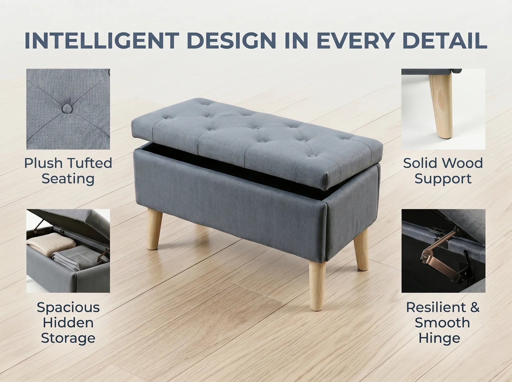 32' Wide Storage Ottoman Bench with Built-in Tray, Square Storage Ottoman for Extra Storage, Upholstered Footrest and End of Bed Bench, Perfect for – view 6
