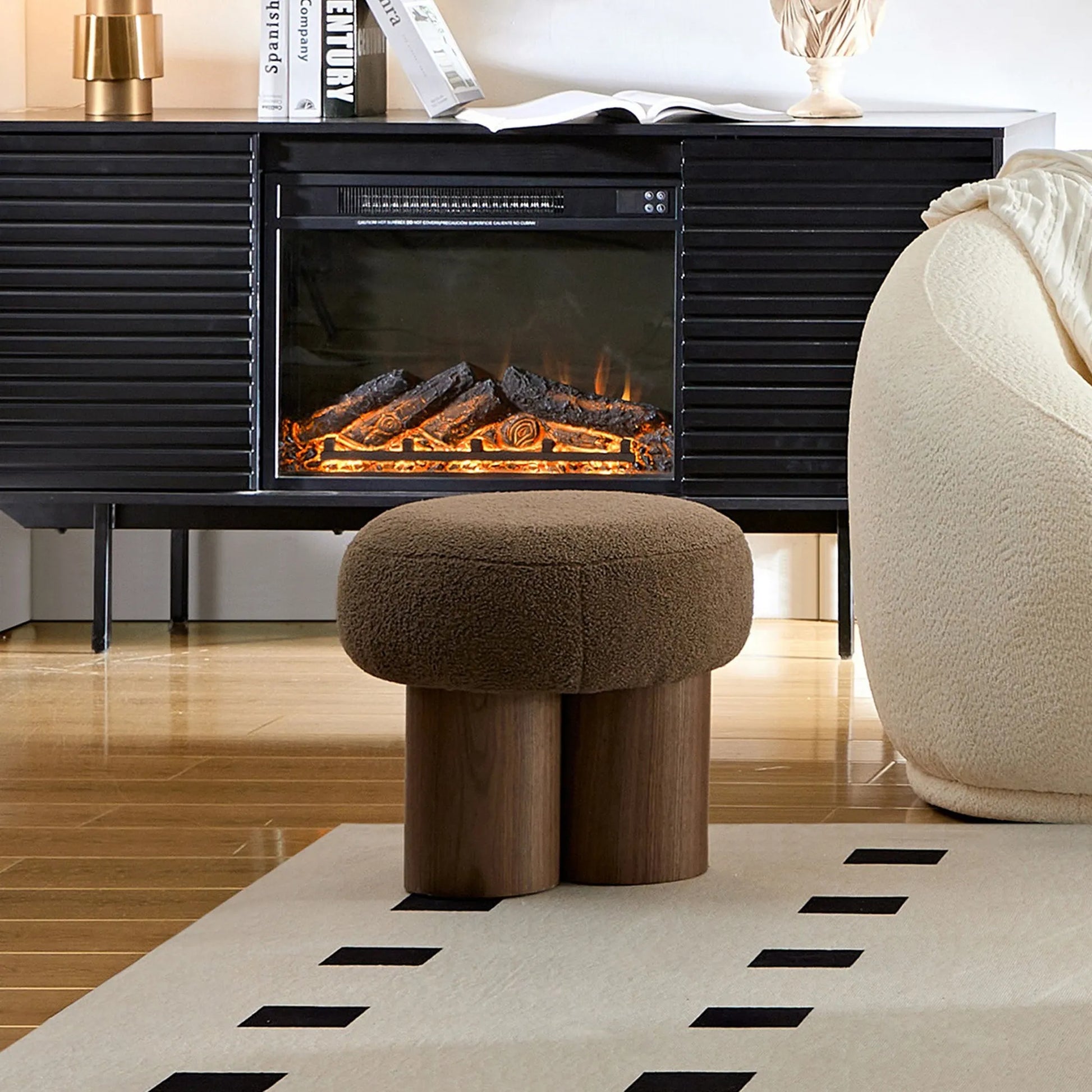 Mushroom Stool with Brown Lamb Wool Seat and Walnut Veneer Barrel PVC Pipe – view 6