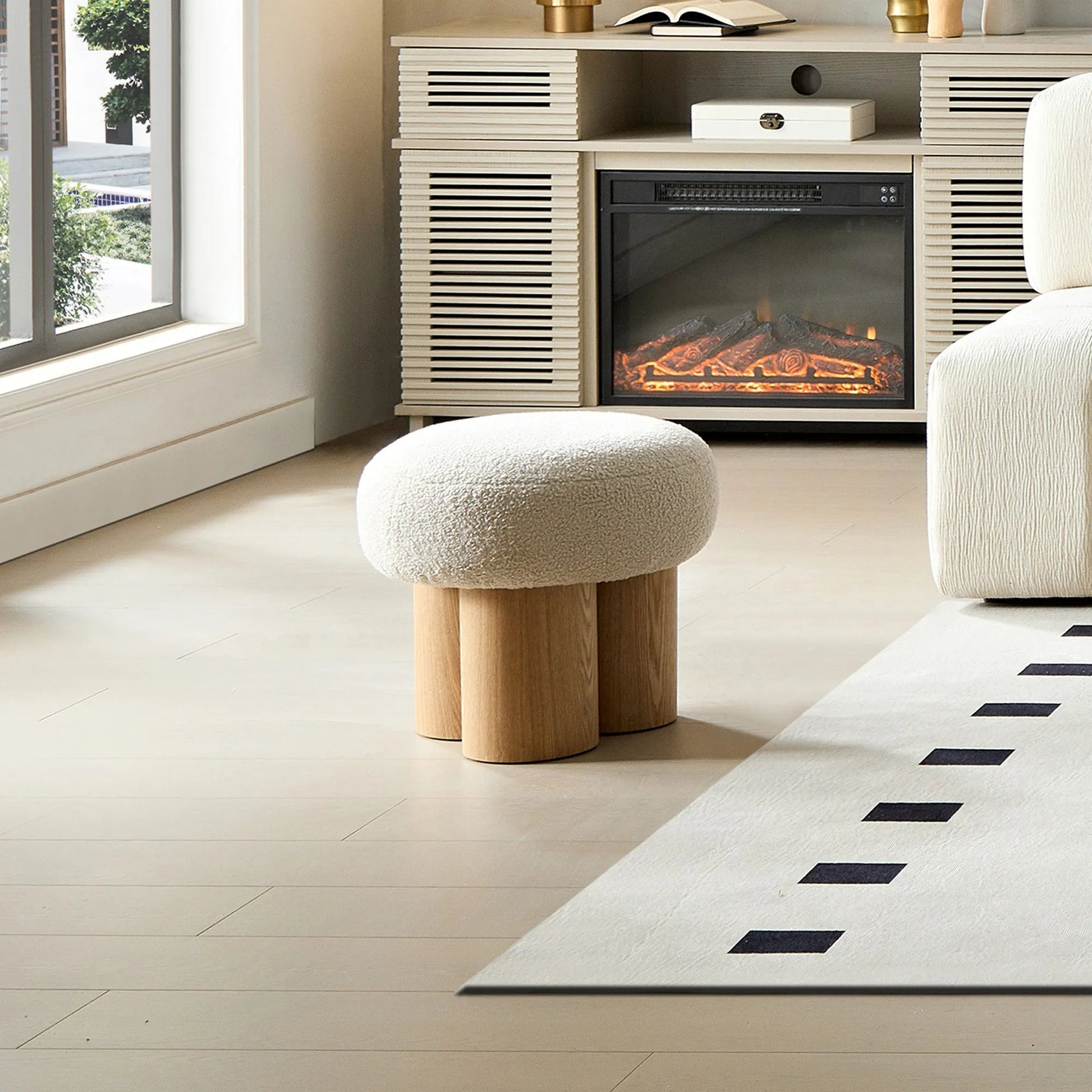 Mushroom Stool with Greige Plush Cushion, Wooden Barrel PVC Pipe, Walnut Finish – view 6