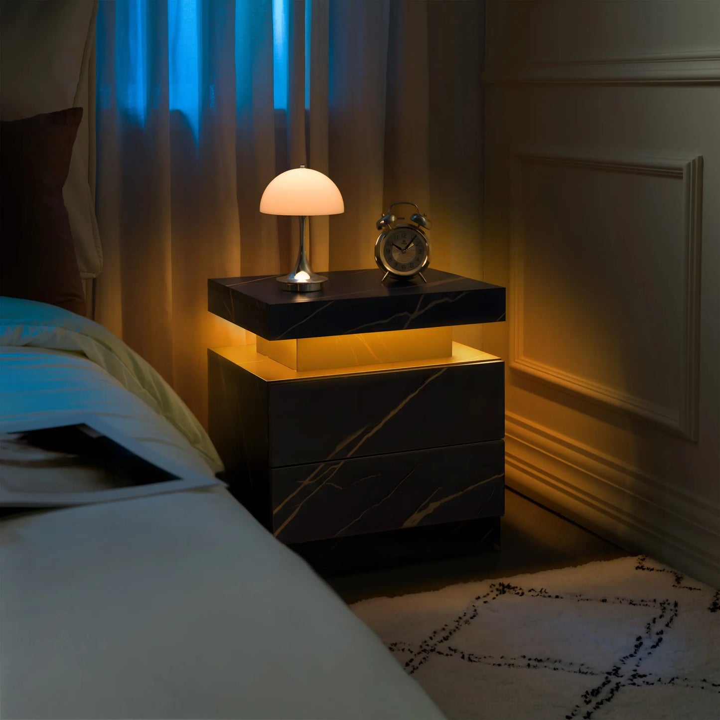 Nightstand LED Bedside Table Cabinet Lights Modern End Side with 2 Drawers for Bedroom (Black Gold) – view 6