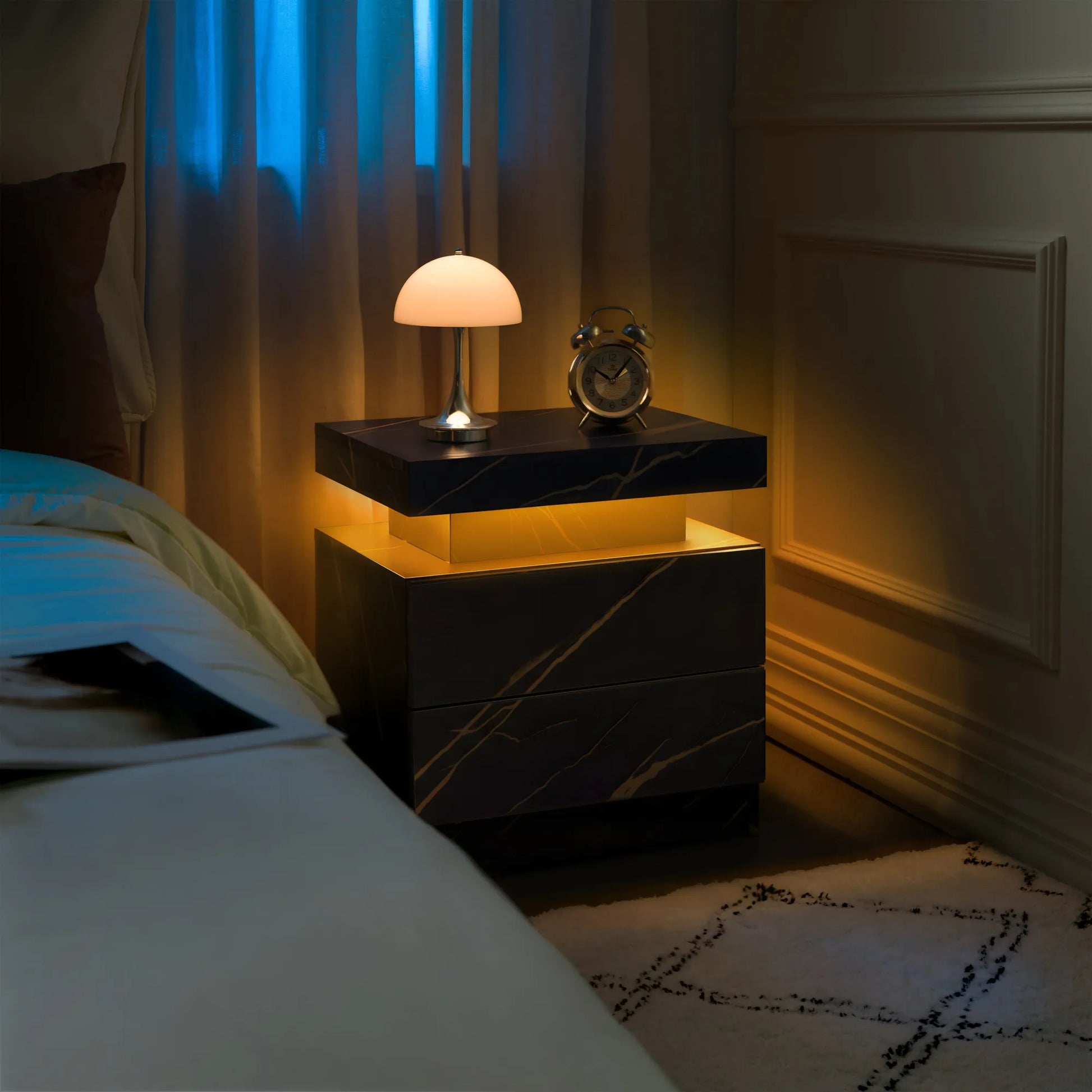 Nightstand LED Bedside Table Cabinet Lights Modern End Side with 2 Drawers for Bedroom (Black Gold) – view 6