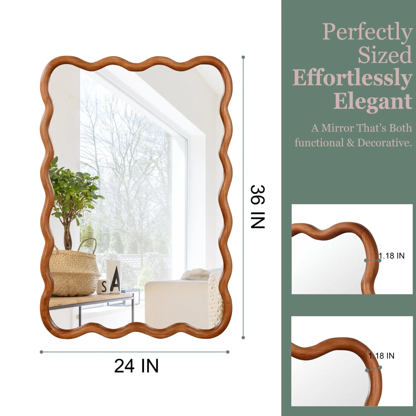 Yellowish Brown 24'x36' Wavy Rectangle Solid Wood Frame Decorative Mirror,For Bedroom, Bathroom, Living Room, Entryway – view 6