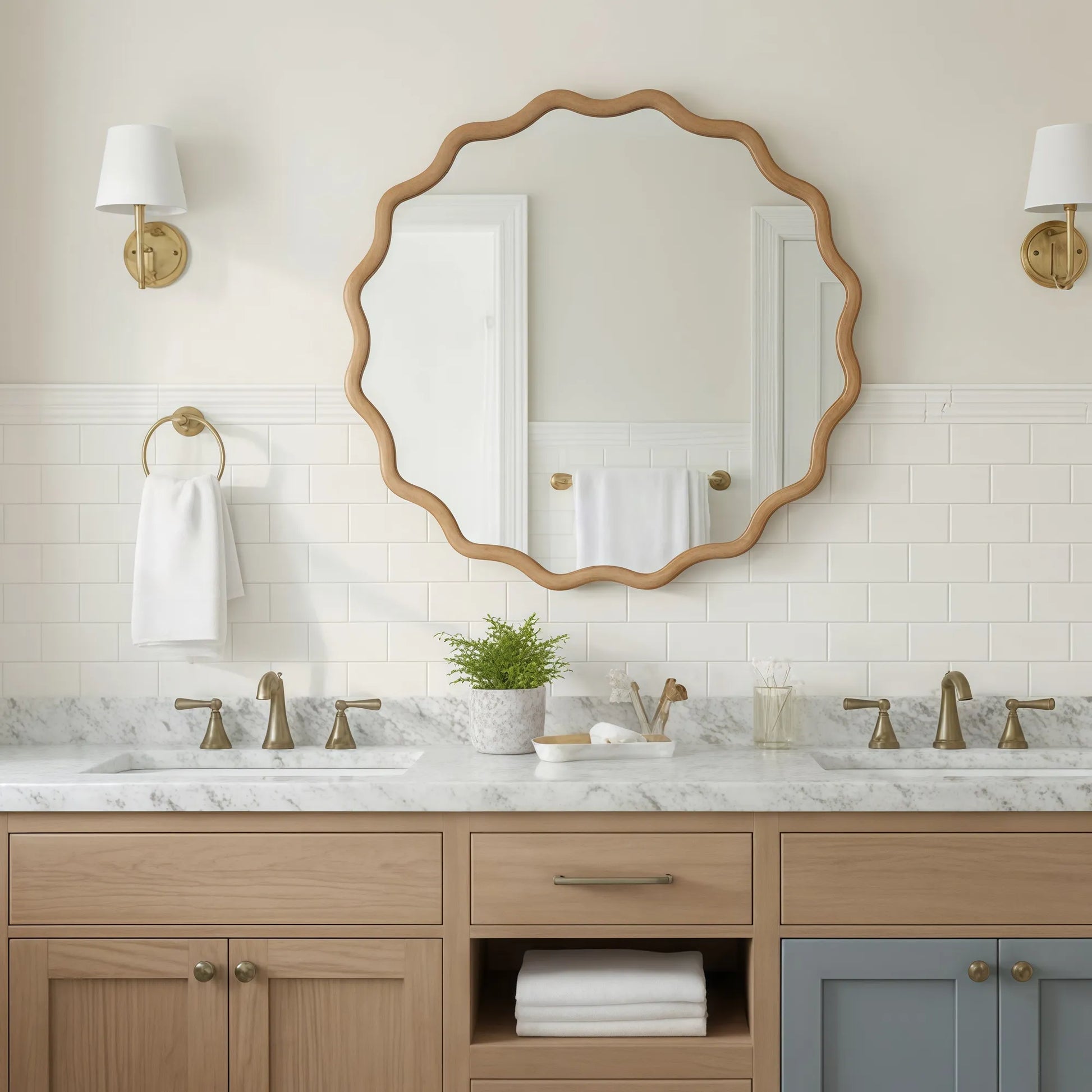 Natural Wood Color 36 inch Wavy Round Solid Wood Frame Decorative Mirror,For Bedroom, Bathroom, Living Room, Entryway – view 6
