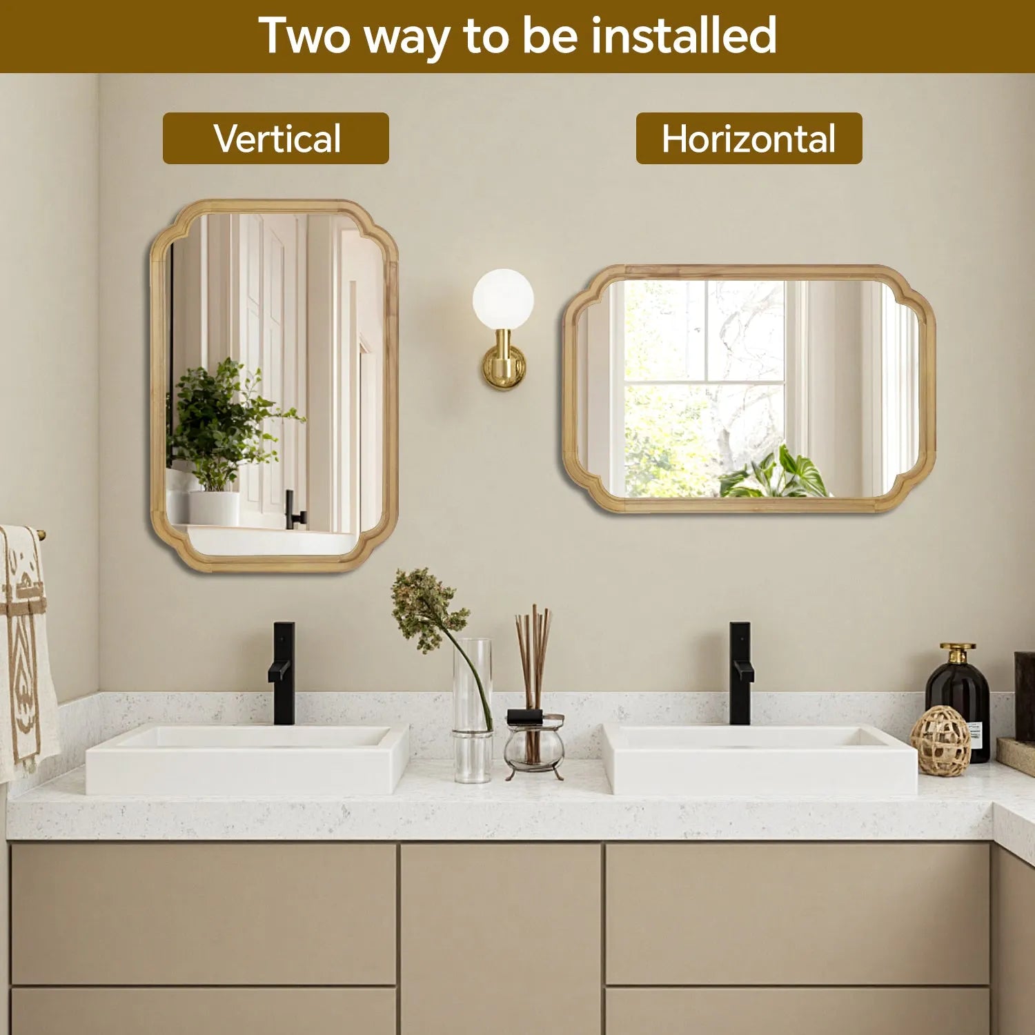 Natural Wood Color 20' x 30' Solid Wood Frame Rounded Corner Decorative Mirror, For Bedroom, Bathroom, Living Room, Entryway – view 6