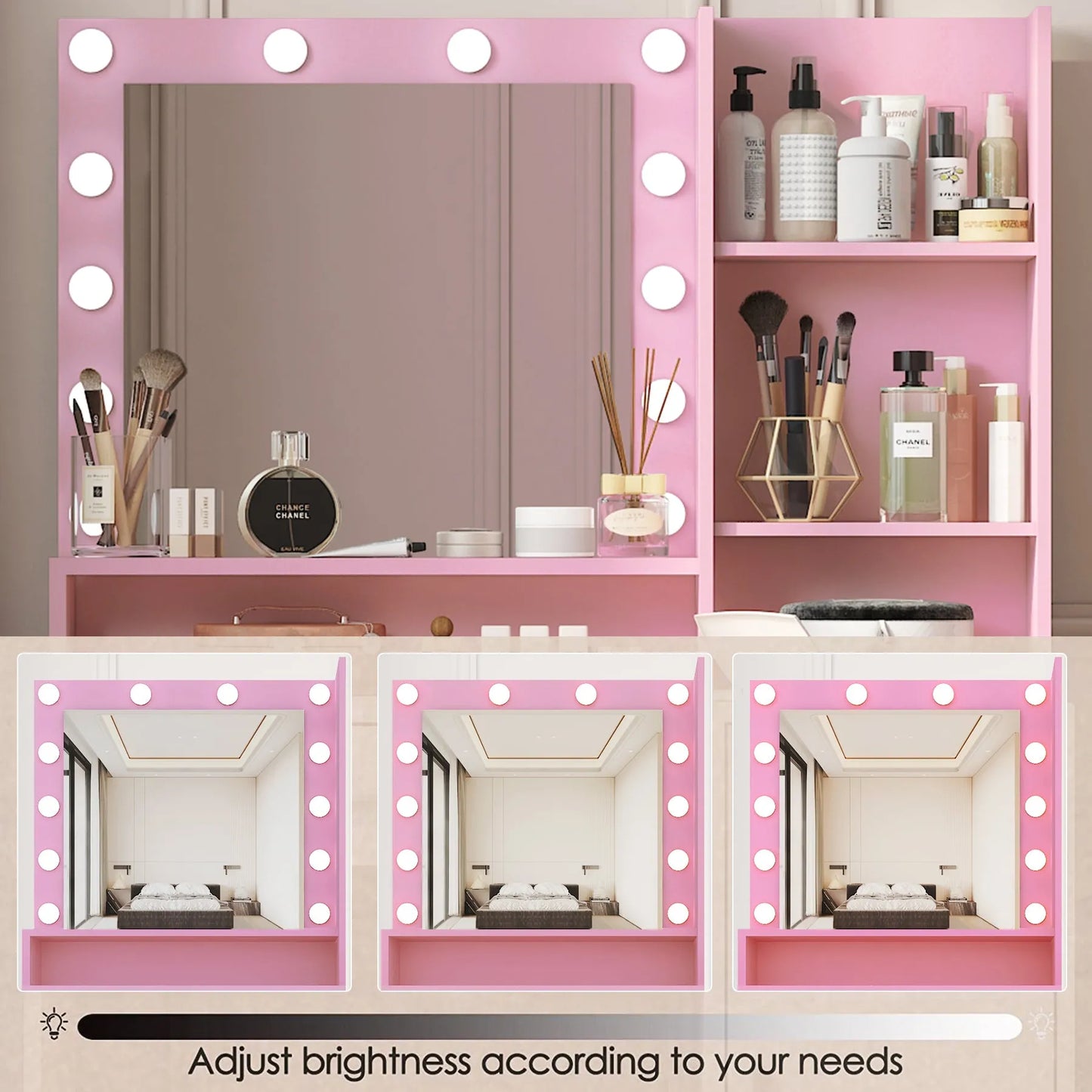 Vanity Desk with Mirror & Light, Large Drawer Three Level Storage Dresser, 3 Lighting Modes Adjustable Brightness, Bedroom Dressing Table(Pink) – view 6