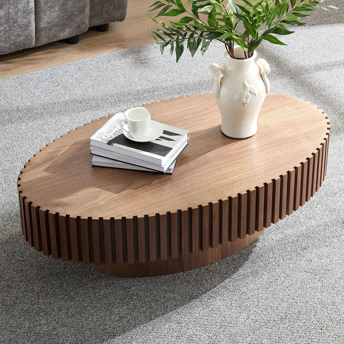 Modern Handcraft Drum Coffee Table Length 43.7 inch Ellipse Coffee Table for Living Room,Oval Small Coffee Table with Sturdy Pedestal,Walnut – view 6