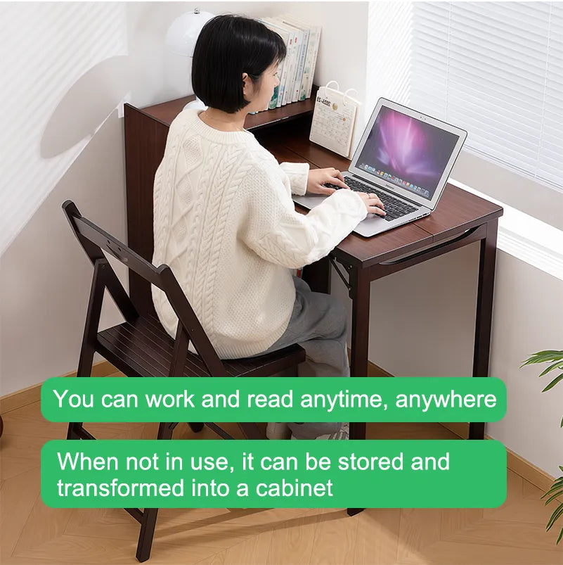 Bamboo Folding Desk, Foldable Desk for Small Space, Computer Desk with Hidden Storage, Mid Century Foldable Table for Home Office and Bedroom (Walnut – view 6