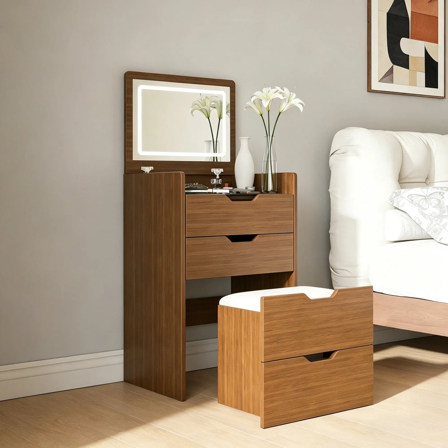 3-in-1 Vanity Desk with Lighted Mirror & Stool, Flip Top Makeup Dressing Table in Walnut Finish, Compact Storage for Bedroom, Bathroom, or Dressing – view 6