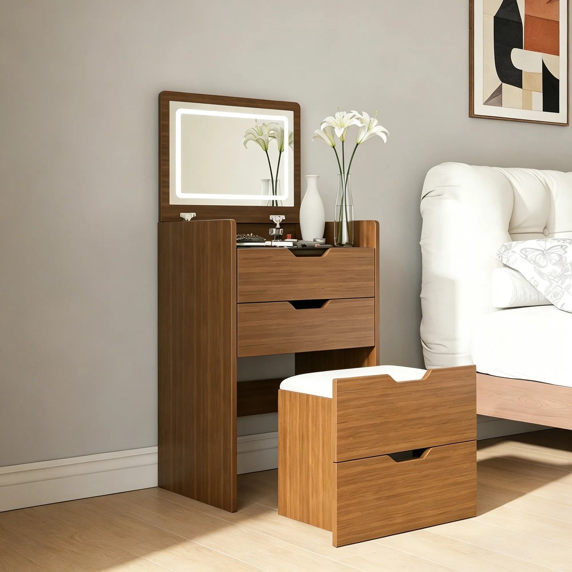 3-in-1 Vanity Desk with Lighted Mirror & Stool, Flip Top Makeup Dressing Table in Walnut Finish, Compact Storage for Bedroom, Bathroom, or Dressing – view 6