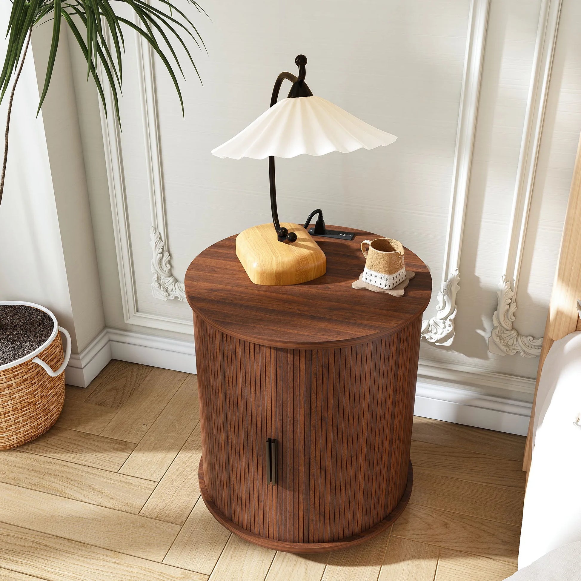 Mid Century Modern Cylinder End Table with Built-in Charging Station & Sliding Door, 2-Tier Storage Round Nightstand with USB Ports, Walnut Bedside – view 6
