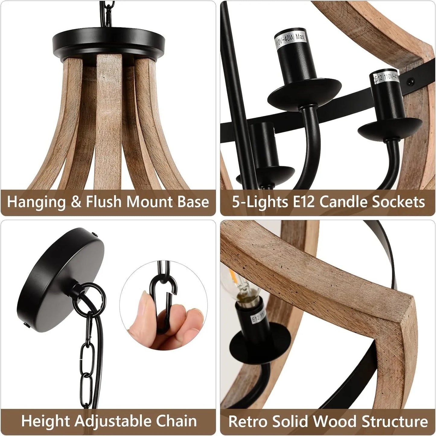 19' Farmhouse Chandelier Light Fixtures, 5-Light Dining Room Light Fixtures Over Table, Solid Wood Modern Chandeliers for Dining Room Living Room – view 6
