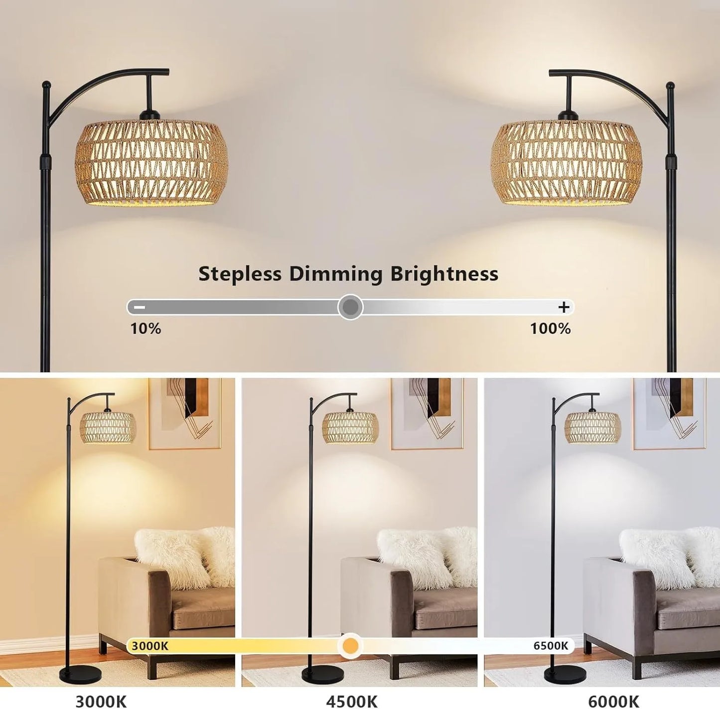 Arc Floor Lamp with Remote Control, Dimmable LED Floor Lamp with 3 Color Temperature, Black Standing Lamp with Rattan & Fabric Double Drum Shade – view 6