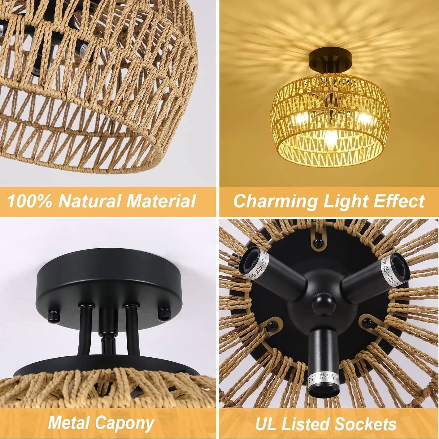 Semi Flush Mount Ceiling Light, Rattan Light Fixture Ceiling Mount with Handmade Wicker Lampshade, 3-Lights Boho Chandelier, Woven Close to Ceiling – view 6
