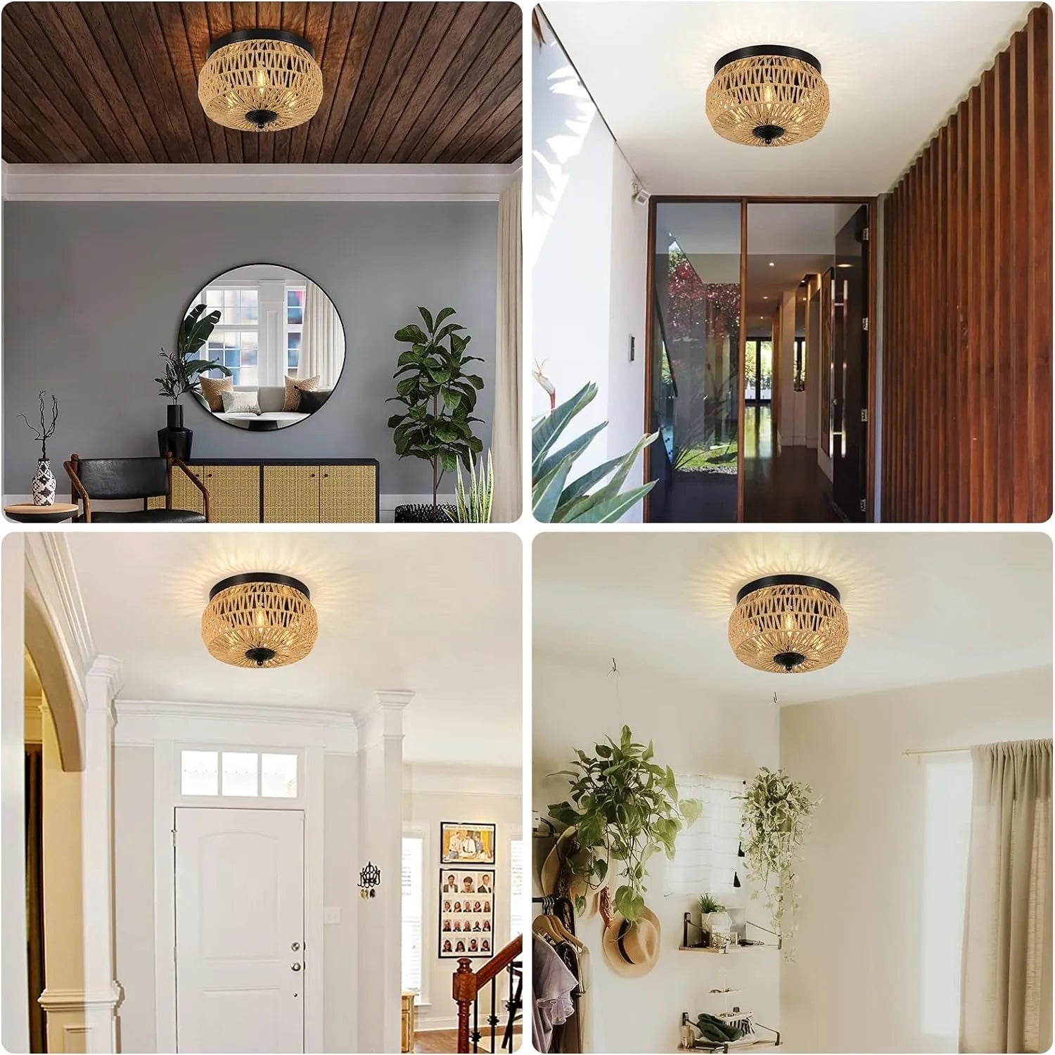 3-Lights Woven Rattan Flush Mount Ceiling Light Fixture with Hand-Worked Cage Shade for Bedroom, Kitchen, Foyer, Porch – view 6