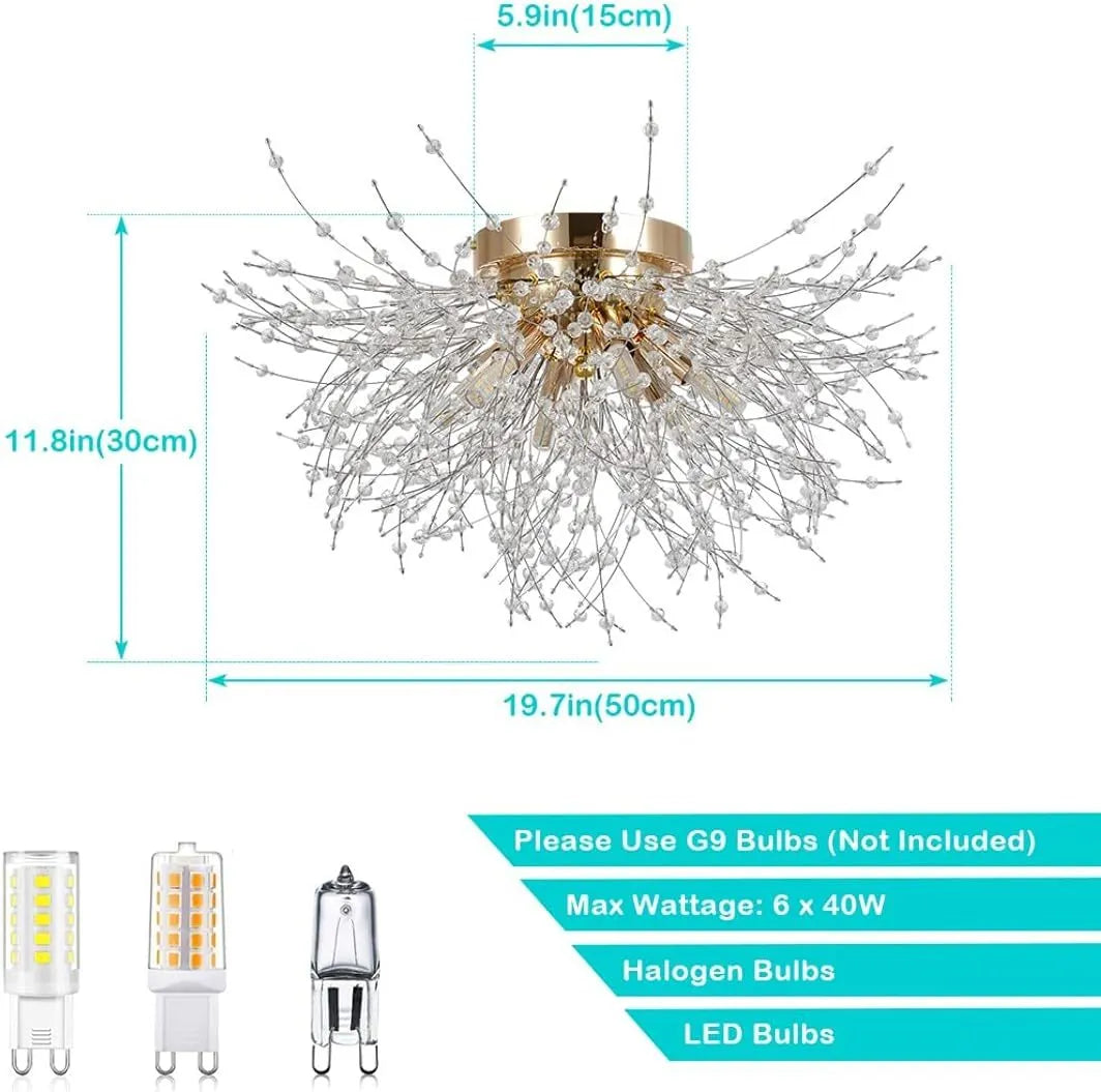 Flush Mount Ceiling Lights, Modern Gold Crystal Sputnik Firework Close to Ceiling Lamp LED Ceiling Lighting Fixtures for Bedroom Kitchen Island – view 6