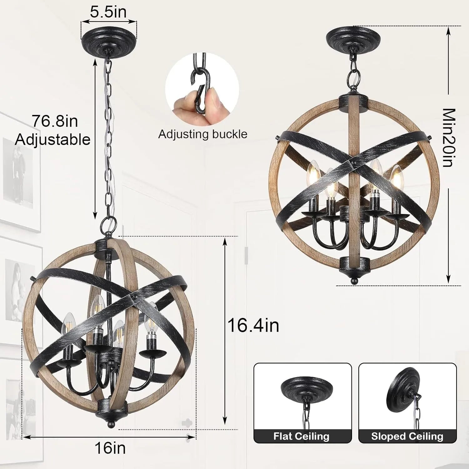 Farmhouse Chandelier Light Fixtures – 4-Light Dining Room Light Fixtures Height Adjustable – Rustic Wood Light Fixtures Ceiling Hanging for Kitchen – view 6