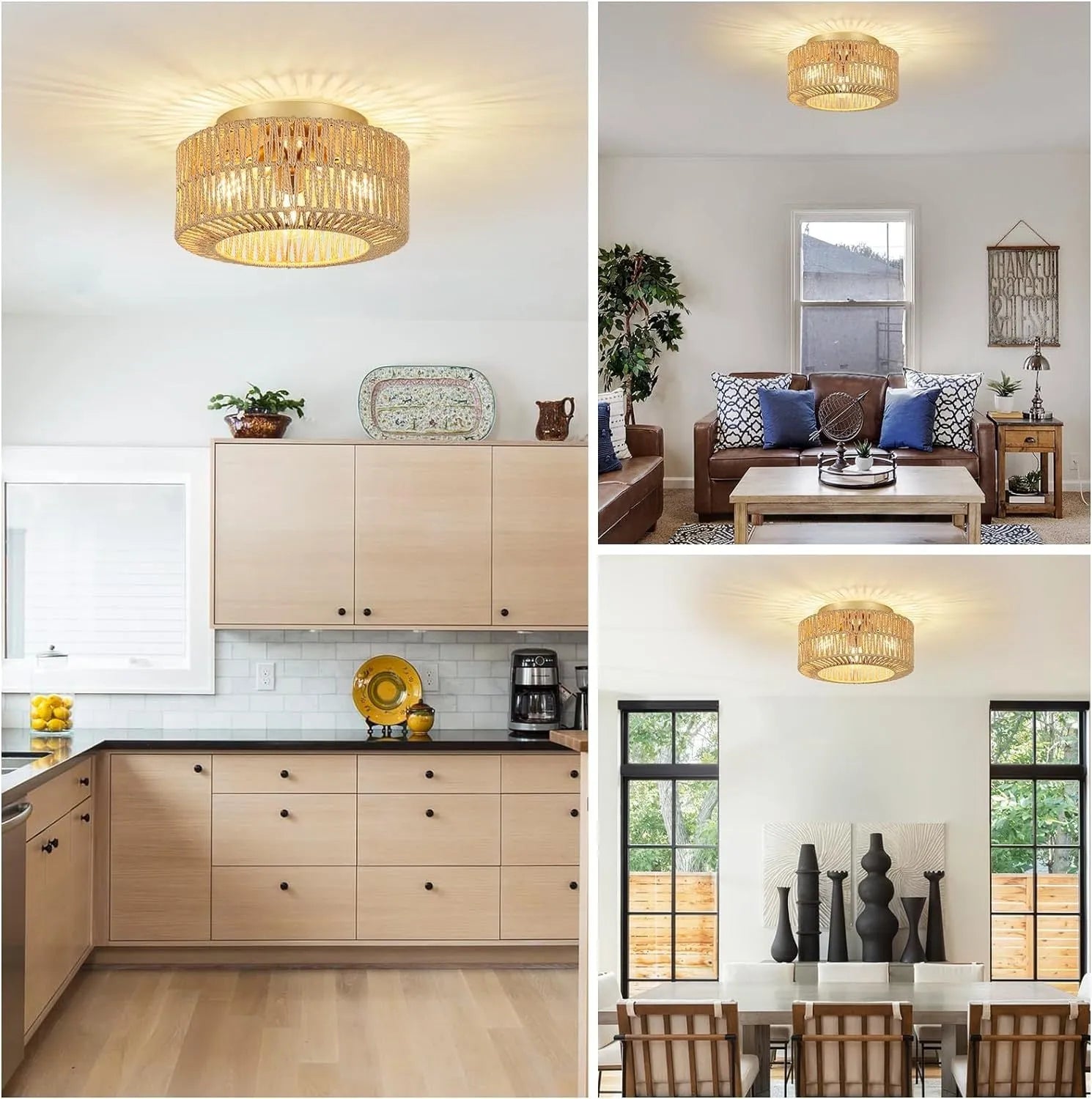 Boho Light Fixtures Ceiling Mount, 3-Light Farmhouse Rattan Ceiling Light Fixture, Flush Mount Ceiling Light with Hand-Woven Shade, Modern Chandelier – view 6