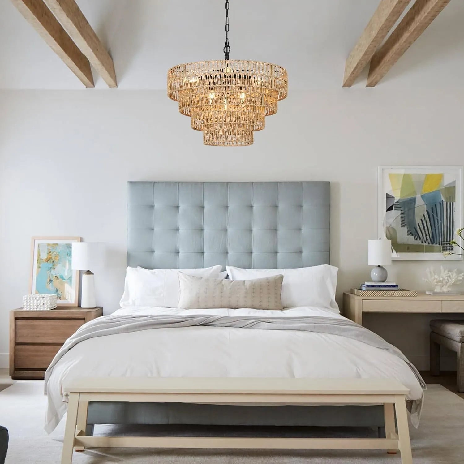 Boho Rattan Chandelier, 6-Light Dining Room Light Fixture, Wicker Pendant Lighting with 4-Tier Woven Lampshade, Large Farmhouse Chandeliers for – view 6
