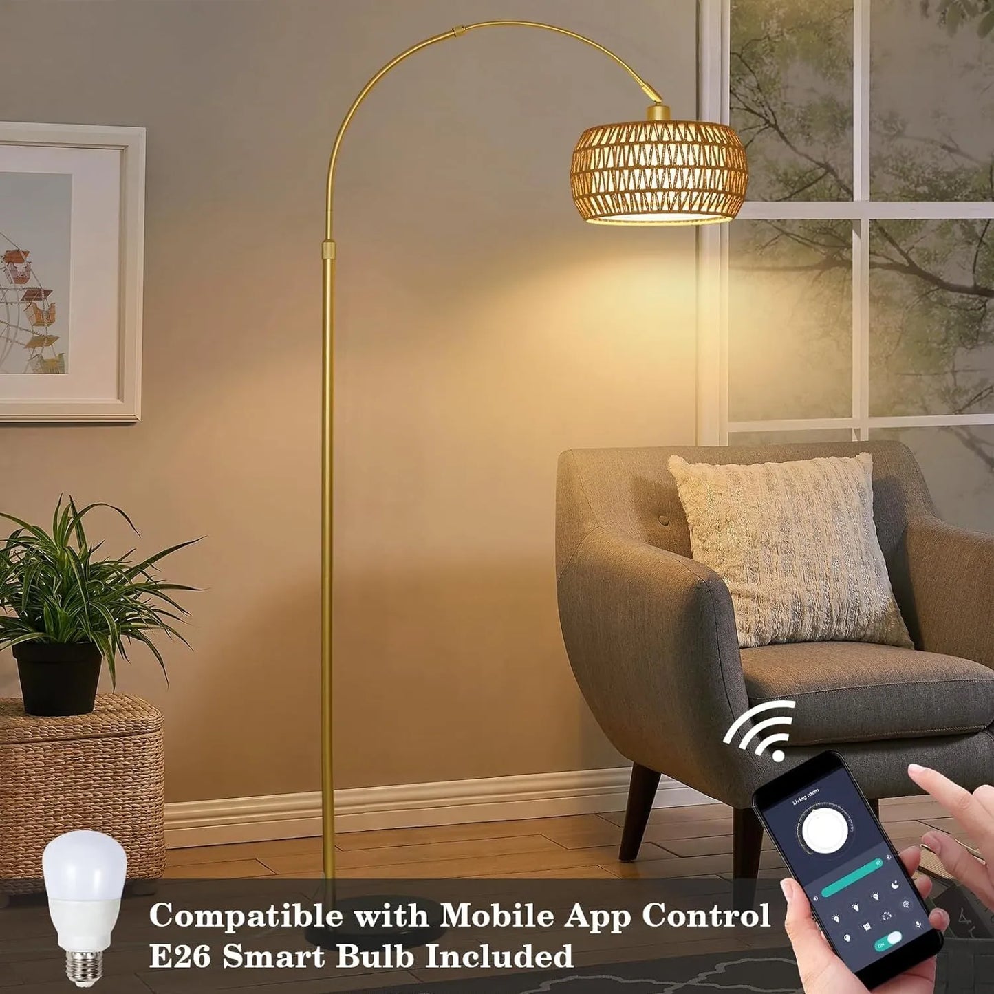 Gold Floor Lamps for Living Room, Arc Floor Lamp with Remote & Dimmable Bulb, Boho Rattan Standing lamp with 3 Color Temperatures, Height Adjustable – view 6