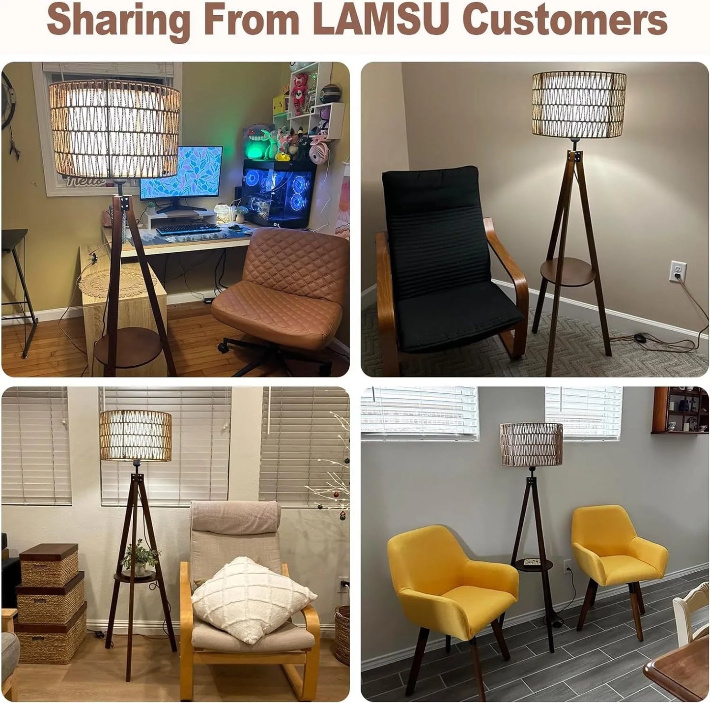 Boho Tripod Floor Lamp with Shelves, Mid Century Wood Standing Lamp with Rattan & Fabric Shades, ON/Off Foot Switch, Modern Farmhouse Tall Floor – view 6