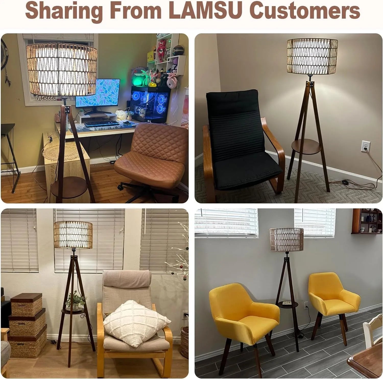 Boho Tripod Floor Lamp with Shelves, Mid Century Wood Standing Lamp with Rattan & Fabric Shades, ON/Off Foot Switch, Modern Farmhouse Tall Floor – view 6