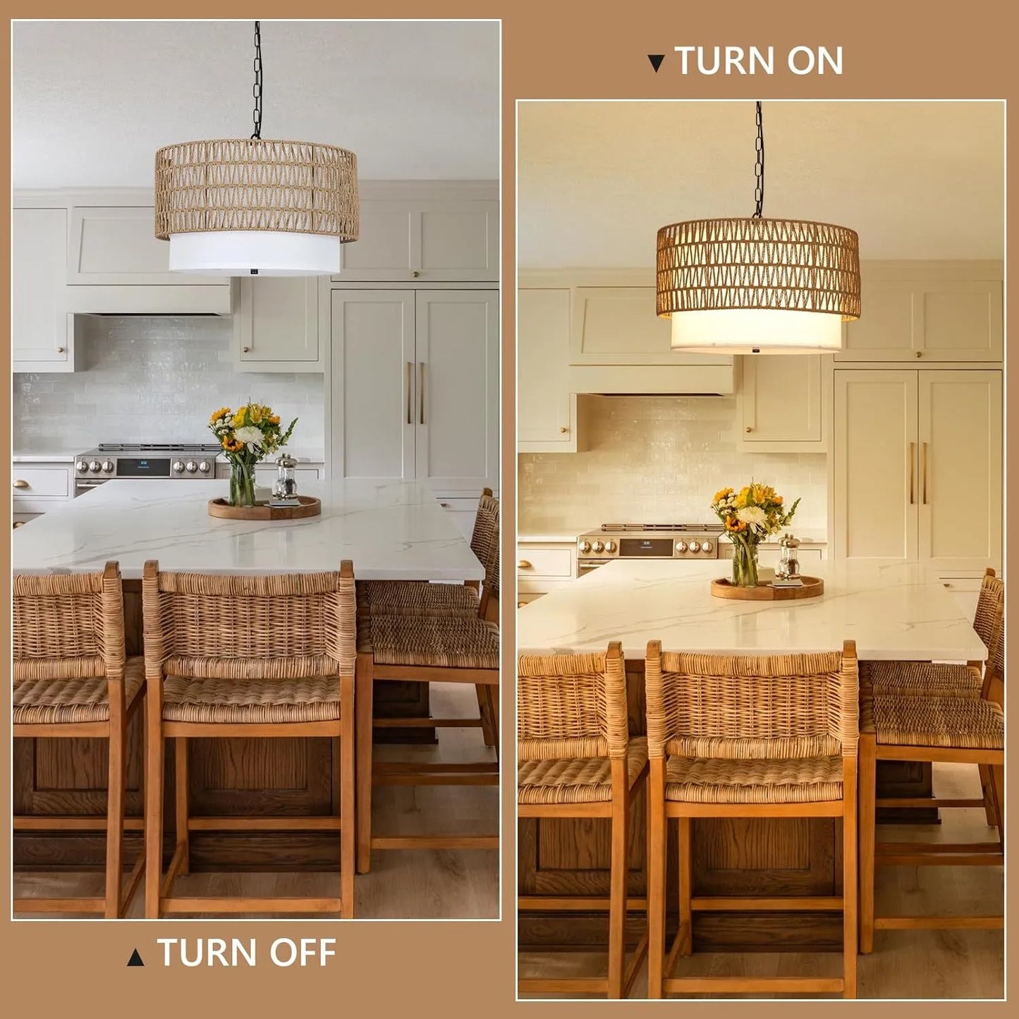 Farmhouse Chandeliers for Dining Room,5-Light Rattan Boho Chandelier Light Fixture with Fabric Shade,Hand Woven Large Rattan Dining Room Light – view 6