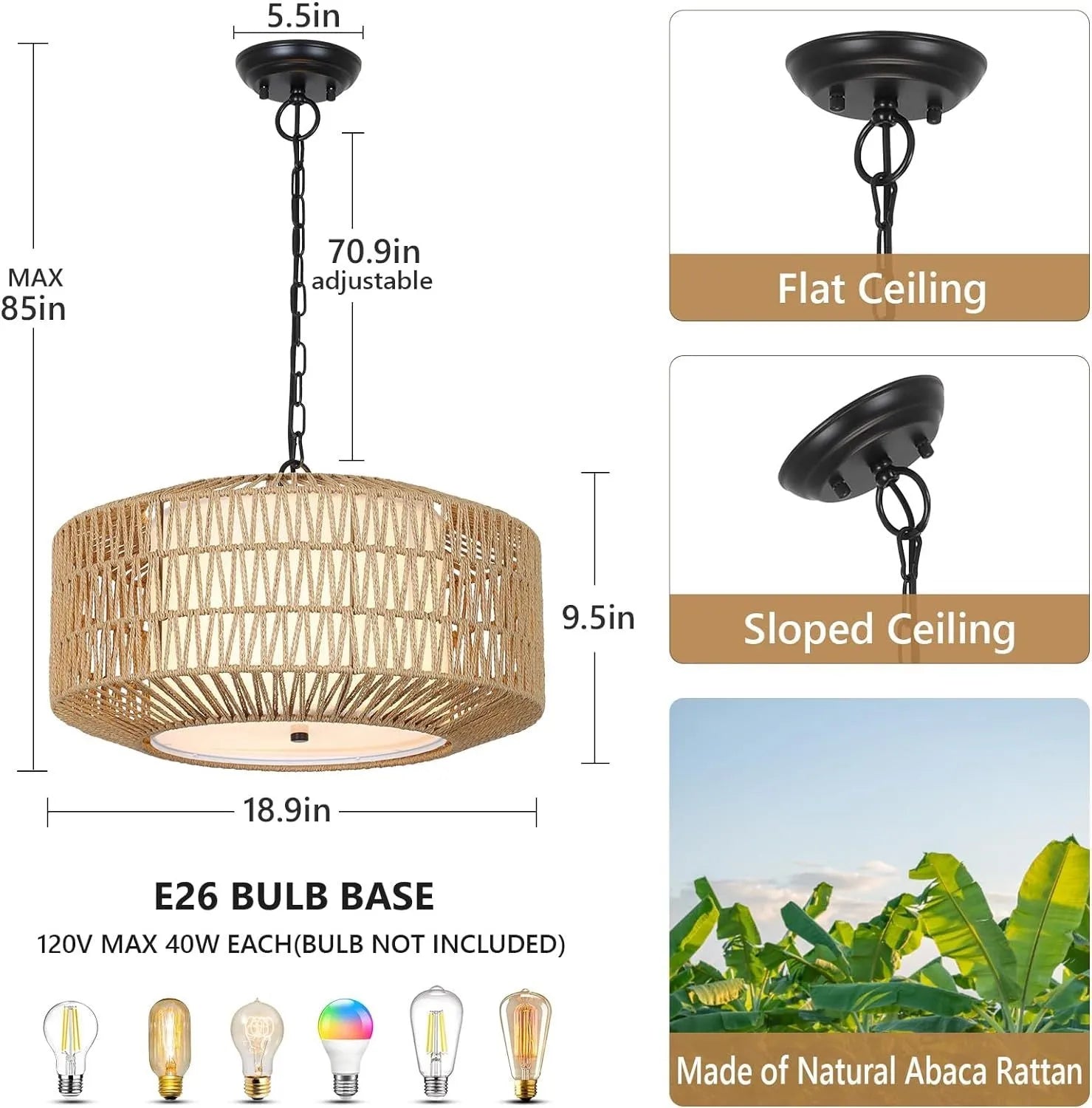 Farmhouse Chandelier Light Fixture,4-Light Rattan Boho Chandeliers for Dining Room with Fabric Shade,Hand Woven Large Rattan Dining Room Light – view 6