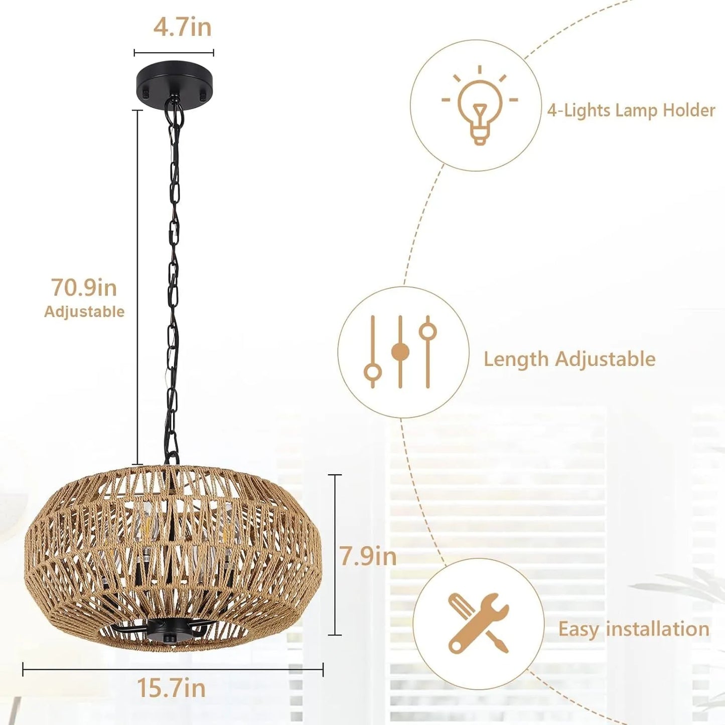 Farmhouse Rattan Pendant Lights, 15.7' 4-Light Boho Chandelier Light Fixture, Wicker Hand Woven Basket Pendant Hanging for Dining Room Living Room – view 6