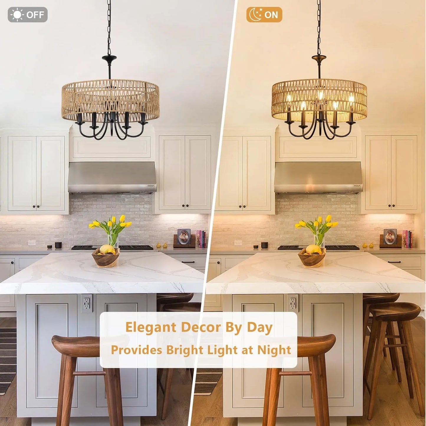 Modern Farmhouse Chandelier Light Fixtures, 5-Lights Large Rattan Pendant Lighting with Hand Woven Wicker Shade, Boho Black Chandeliers for Dining – view 6
