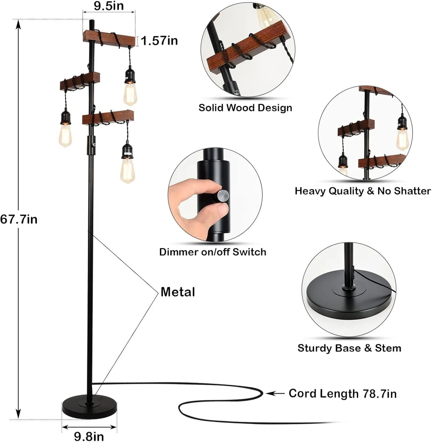 Dimmable Industrial Floor Lamp, Farmhouse Tree Floor Lamp, 68 Inch 3 Lights Wood Standing Lamp, Sturdy Base Tall Vintage Pole Light, Metal Black – view 6