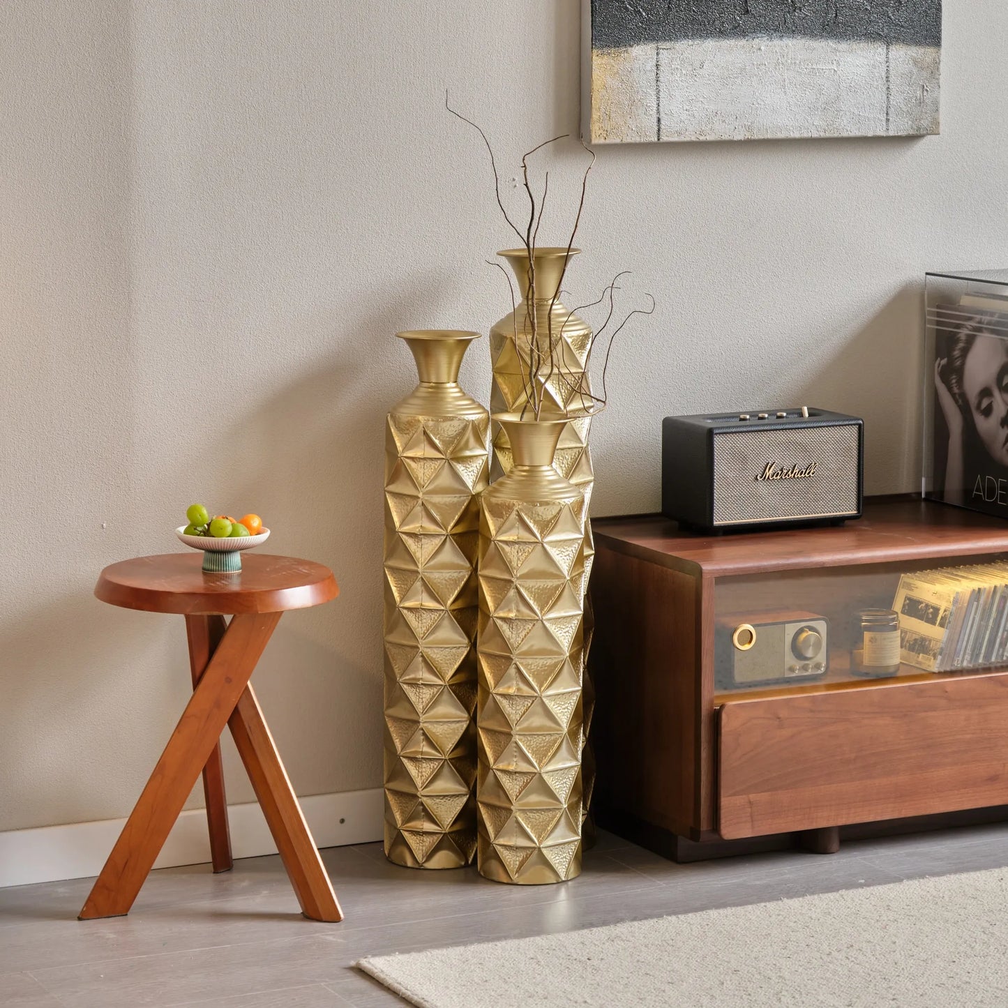 Metal Decorative Vase High Distress Metal Center Vase With 3D Triangle Pattern, Set Of 3 Vases for Home Decoration 33.5', 29.5', 25.2'High, Gold – view 6