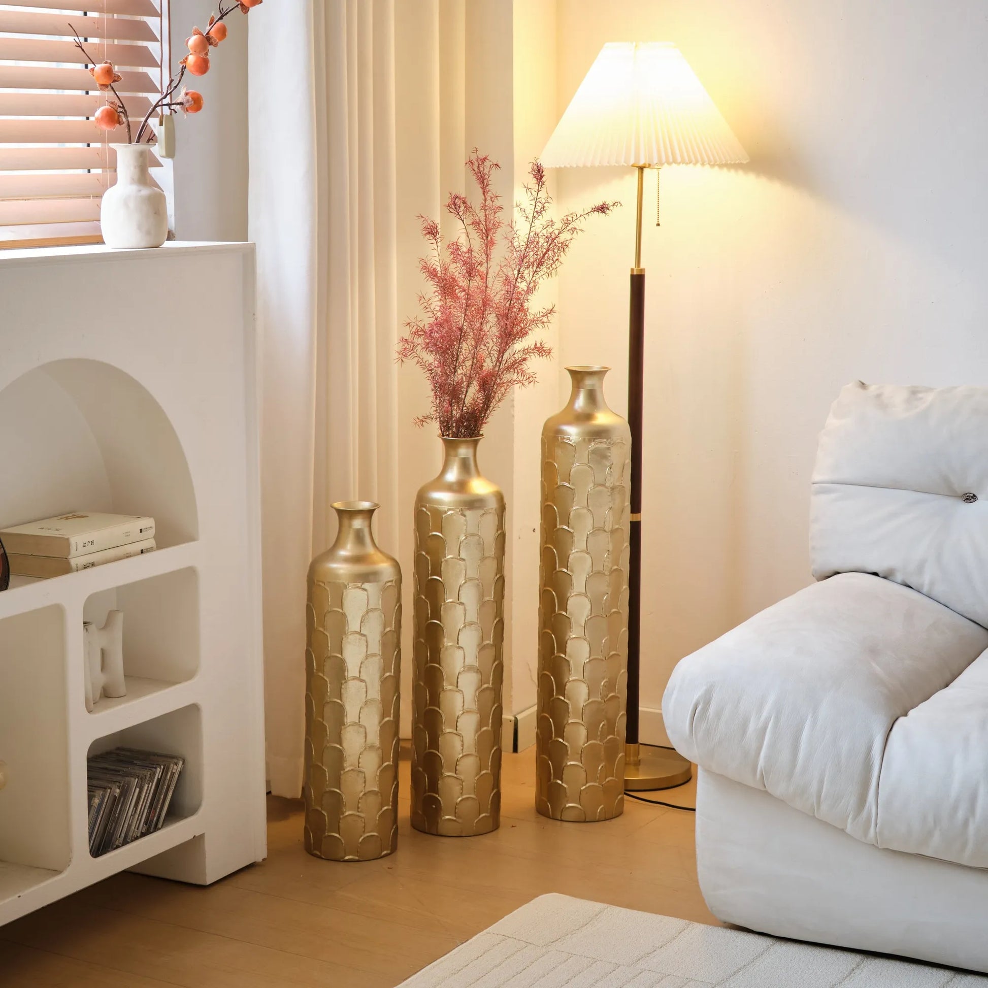 Floor Metal Vases Decorated White Metal Vases Set of 3 Gorgeous Home Decoration Large Glazed Metal Vases 25.2in/29.33in/34.25in Height – view 6