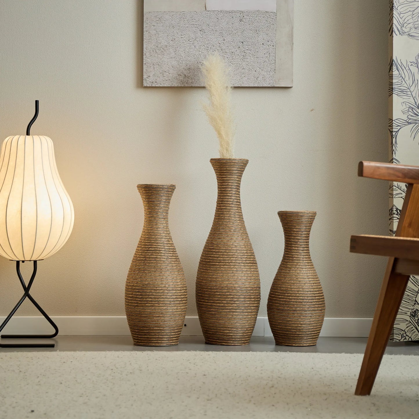 3-Piece Artificial Rattan Floor Vase Set – Decorative Accent for Living Room, Hallway & Entryway, Ideal for Dried or Silk Flower Arrangements, Beige – view 6