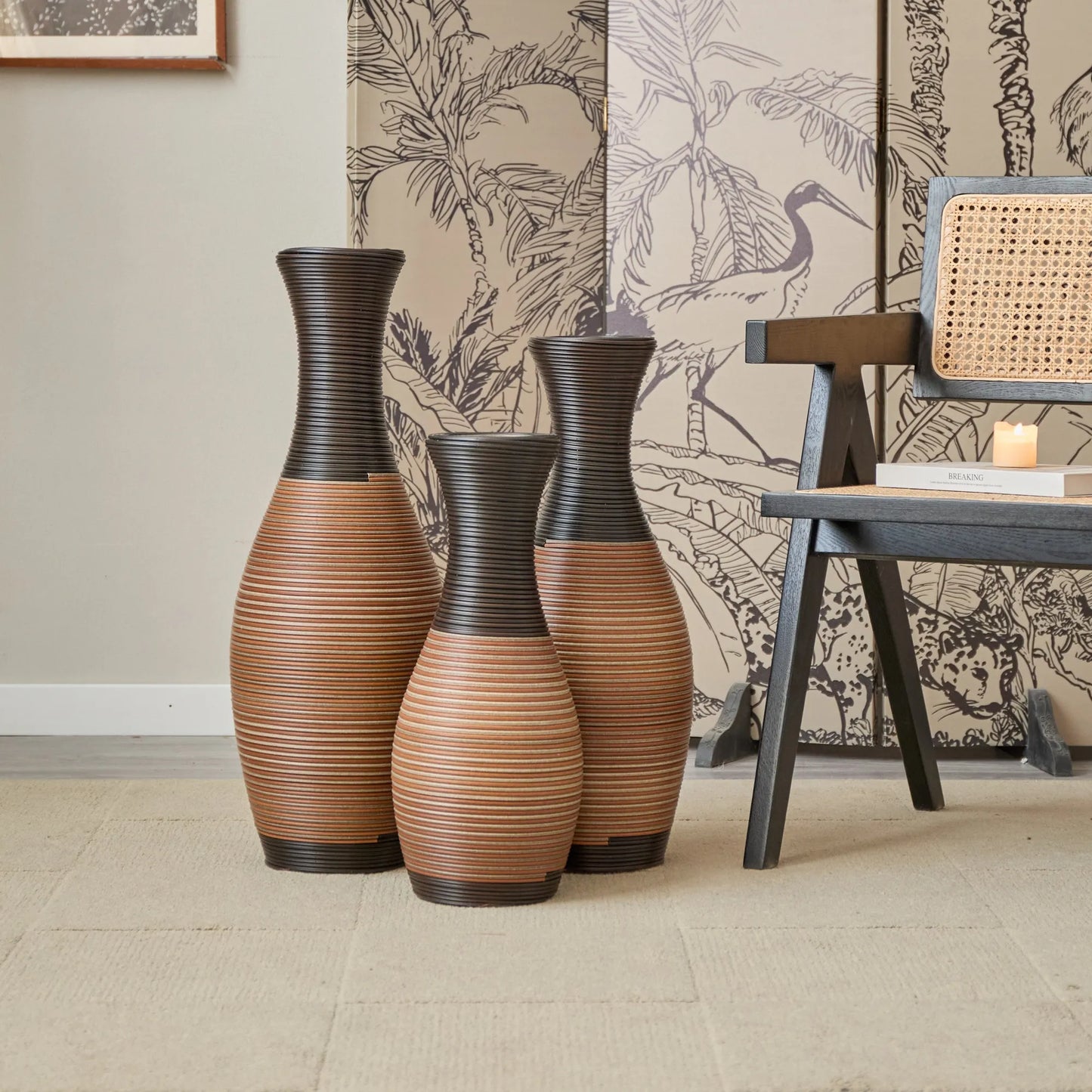 Set Of 3 Designer Floor Vases, Large Vases for Home Décor Flooring, Artificial Rattan Floor Vases, Brown Floor Vases for Living Rooms or Corridors – view 6