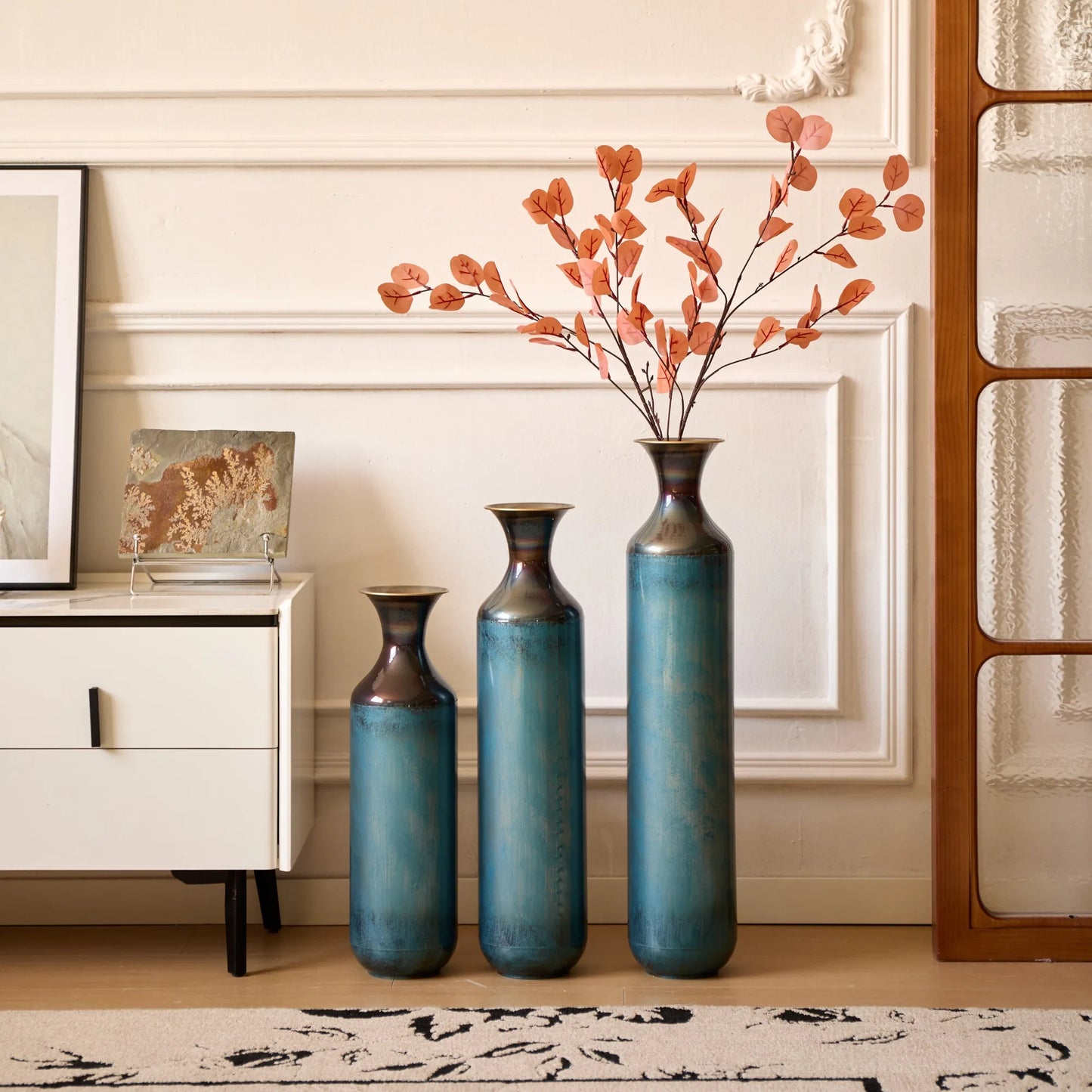 Modern Droplet-Shaped Floor Vase Set – Aqua Blue Glazed Metal Decorative Vases – 3-Piece Home Decor in 20.4 In, 24.4 In & 28.34 In Heights – view 6