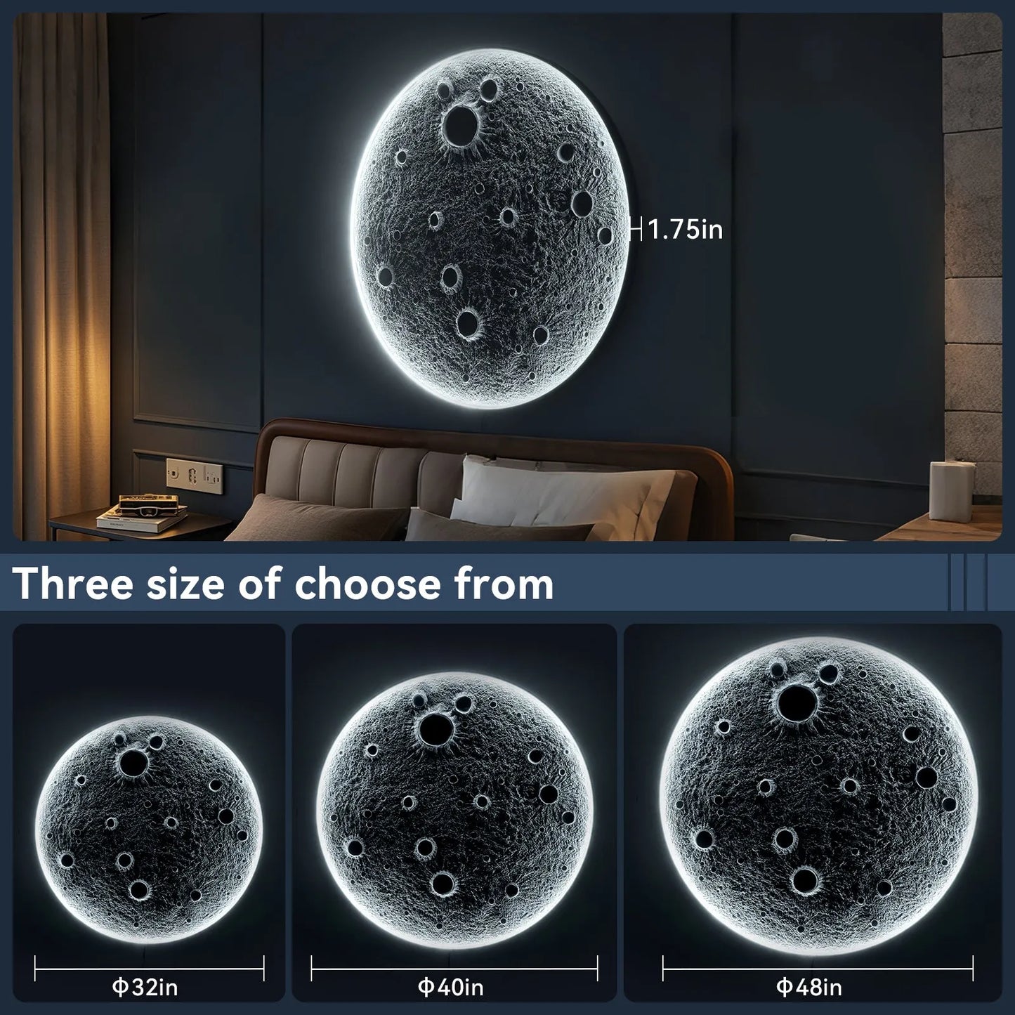 32-Inch Realistic Resin Moon Wall Light – Plug-In Dimmable LED Moon Sconce with Remote Control, 30 W Main & 10 W Night Light, Meteorite Crater – view 6