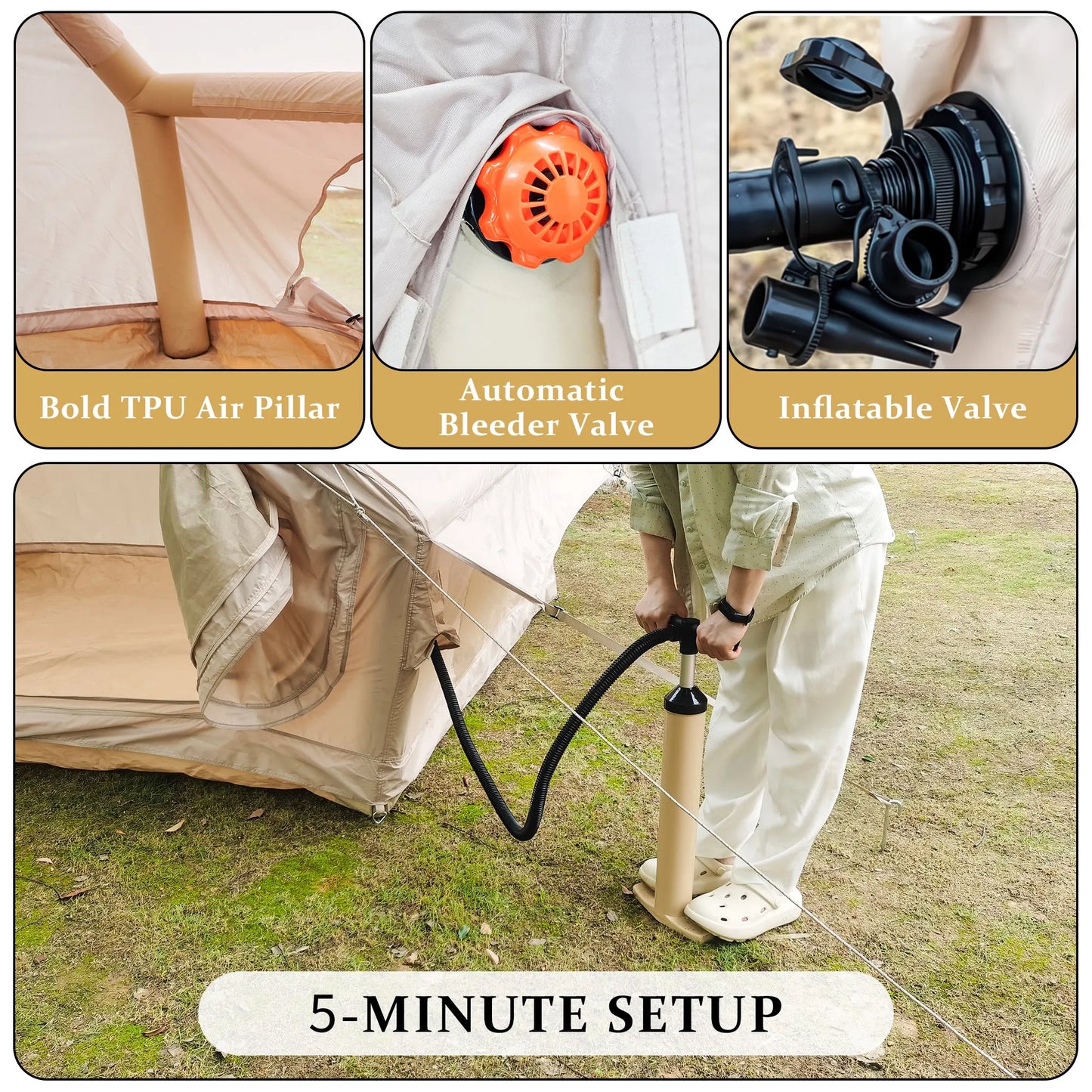 Inflatable Glamping Tent for 4-6 People, Waterproof Luxury Outdoor Tent with Pump, Khaki 410D Oxford Fabric, 118'x78.7'x78.7' – view 6