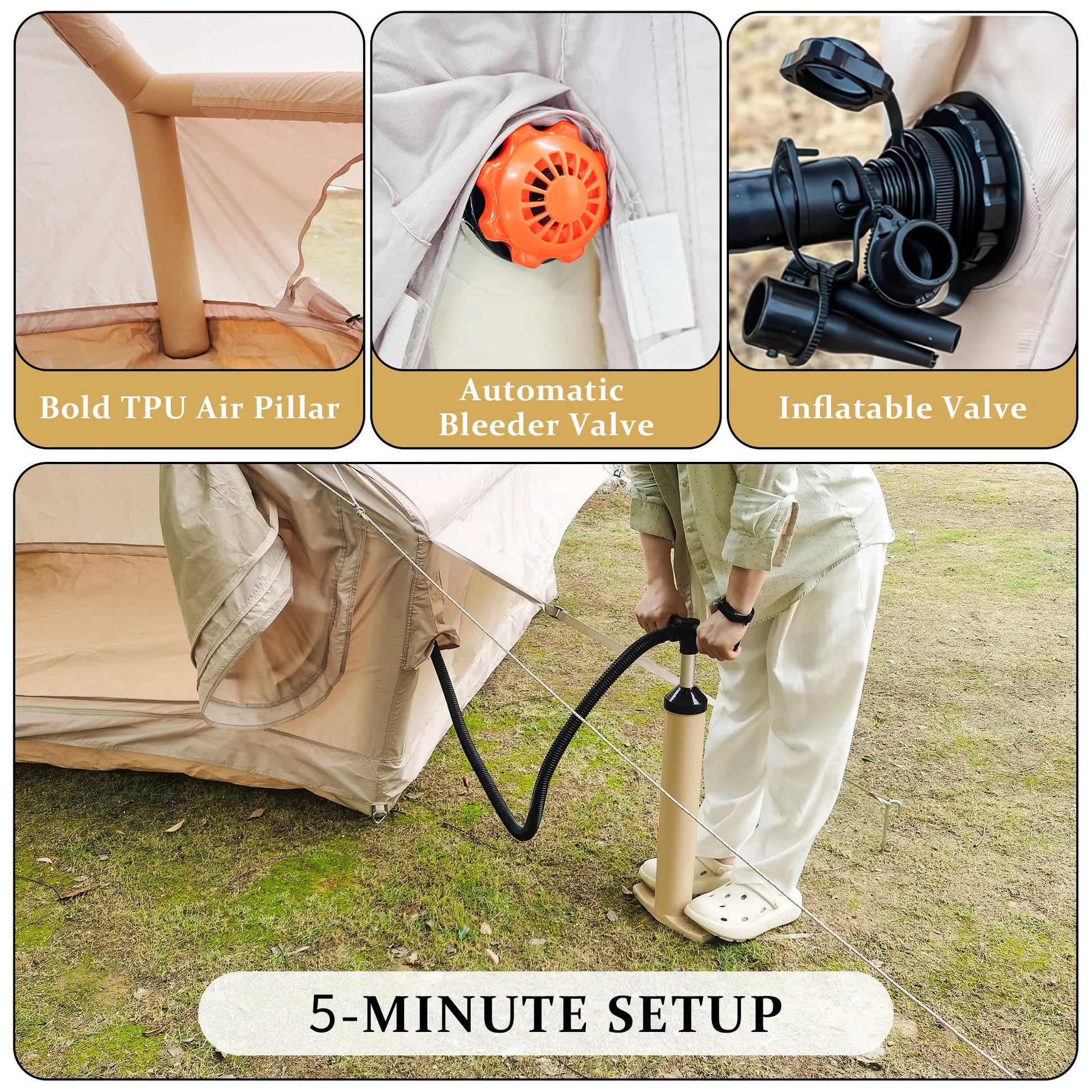 Inflatable Glamping Tent for 4-6 People, Waterproof Luxury Outdoor Tent with Pump, Khaki 410D Oxford Fabric, 118'x78.7'x78.7' – view 6