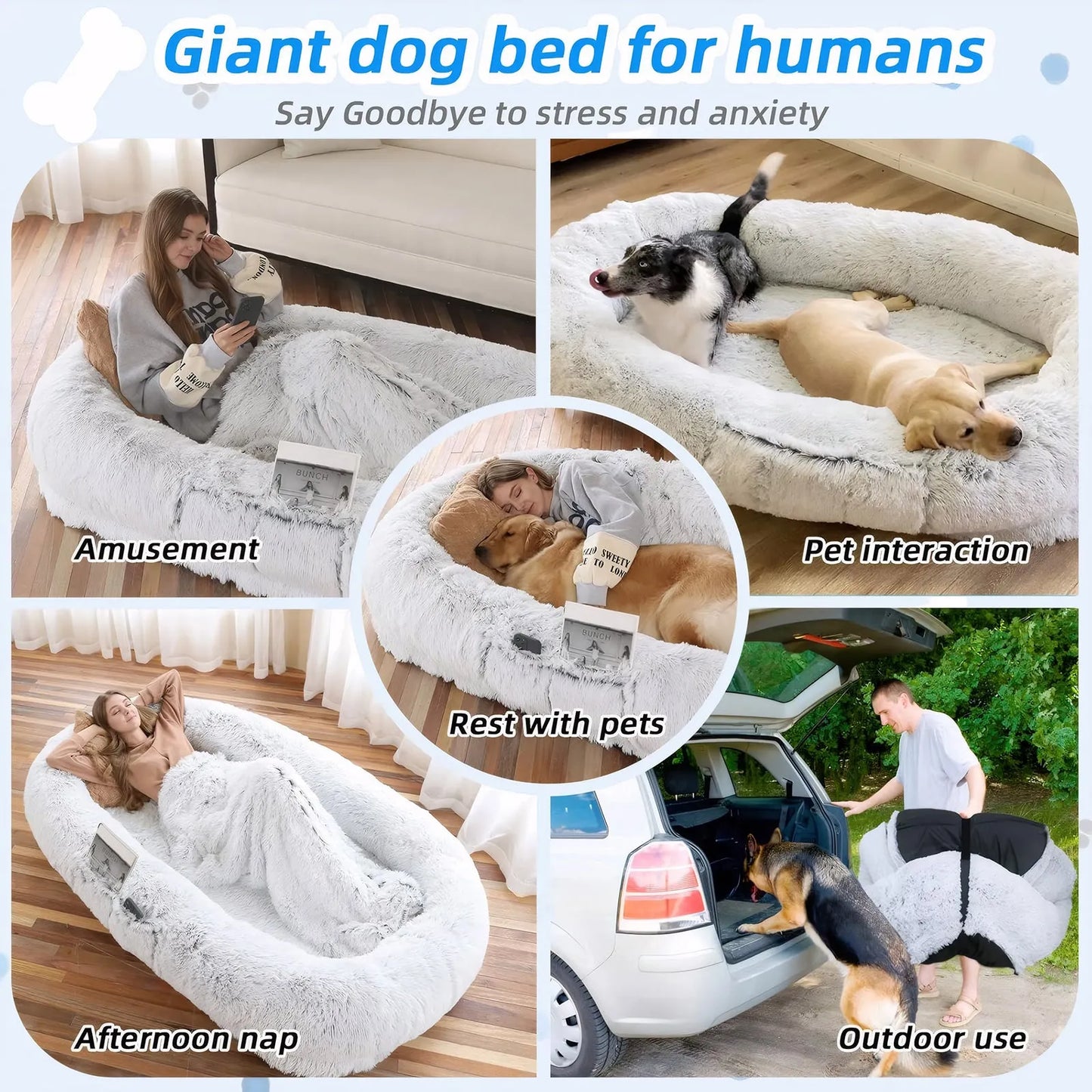 Human Dog Bed, Washable Faux Fur Dog Bed for People Doze Off, Napping Orthopedic Dog Bed,71''x45''x14'' Size Fits You and Pets (Grey) - Blankets and – view 6