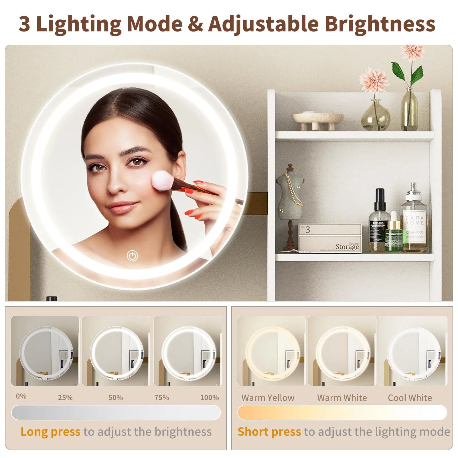 Small Vanity Desk with Mirror and Lights, Makeup Vanity Table with LED Mirror, 3 Lighting Modes, Power Outlet, Drawer, Open Shelves and Cushioned – view 6