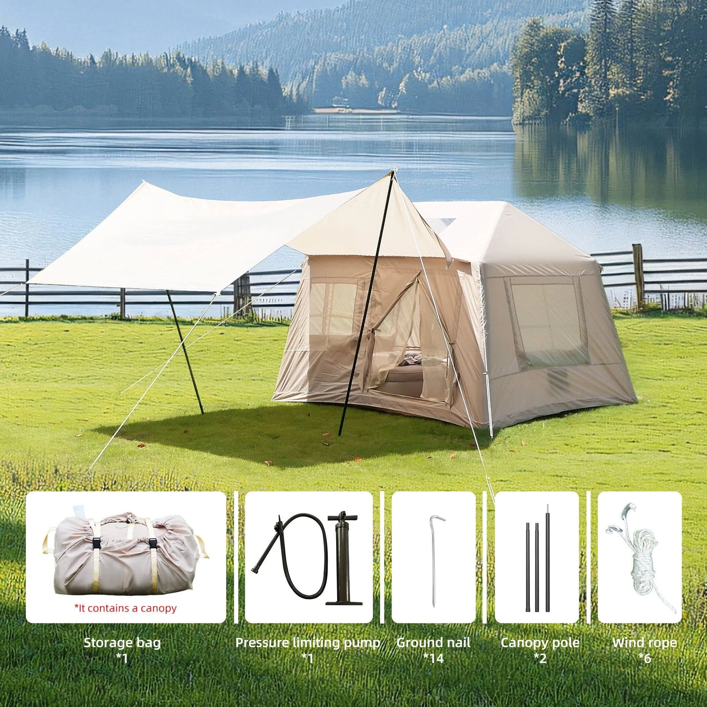 5.72m² Inflatable Camping Tent, Easy Setup 4 Season Windproof Glamping Tent with Mesh Windows & Pump, Outdoor Cotton Tent – view 6