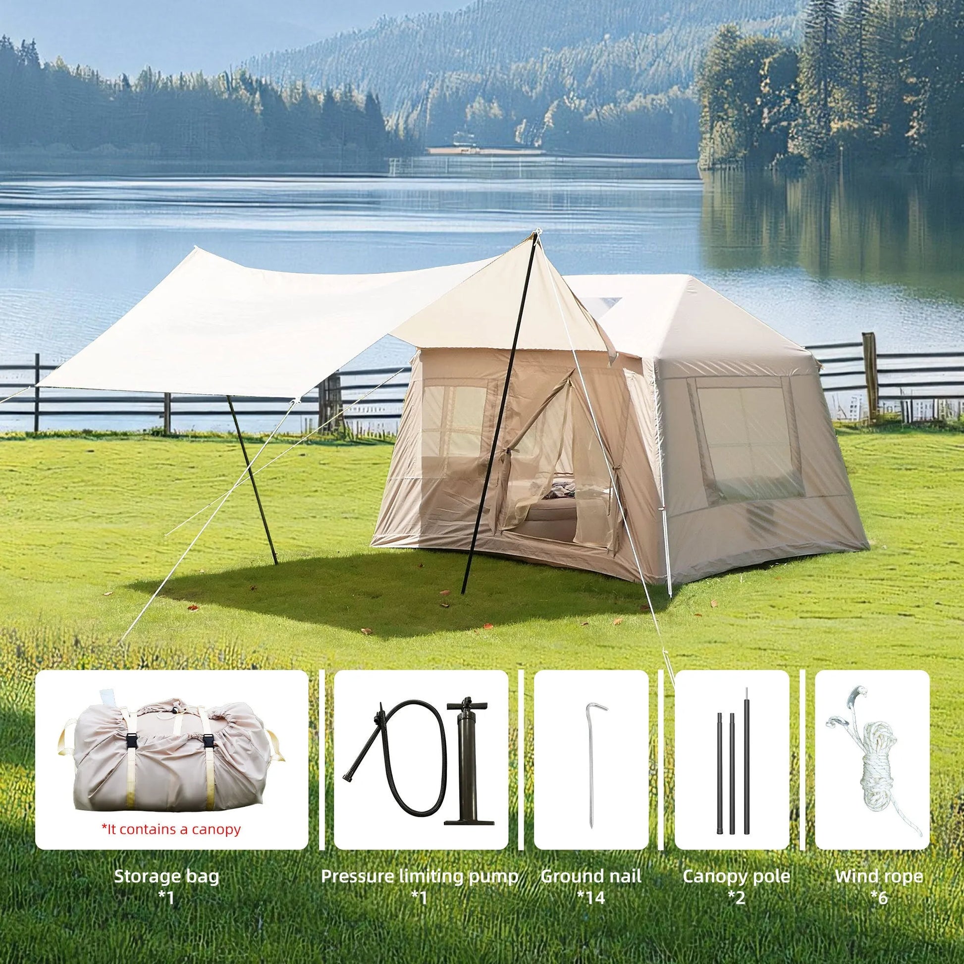 5.72m² Inflatable Camping Tent, Easy Setup 4 Season Windproof Glamping Tent with Mesh Windows & Pump, Outdoor Cotton Tent – view 6
