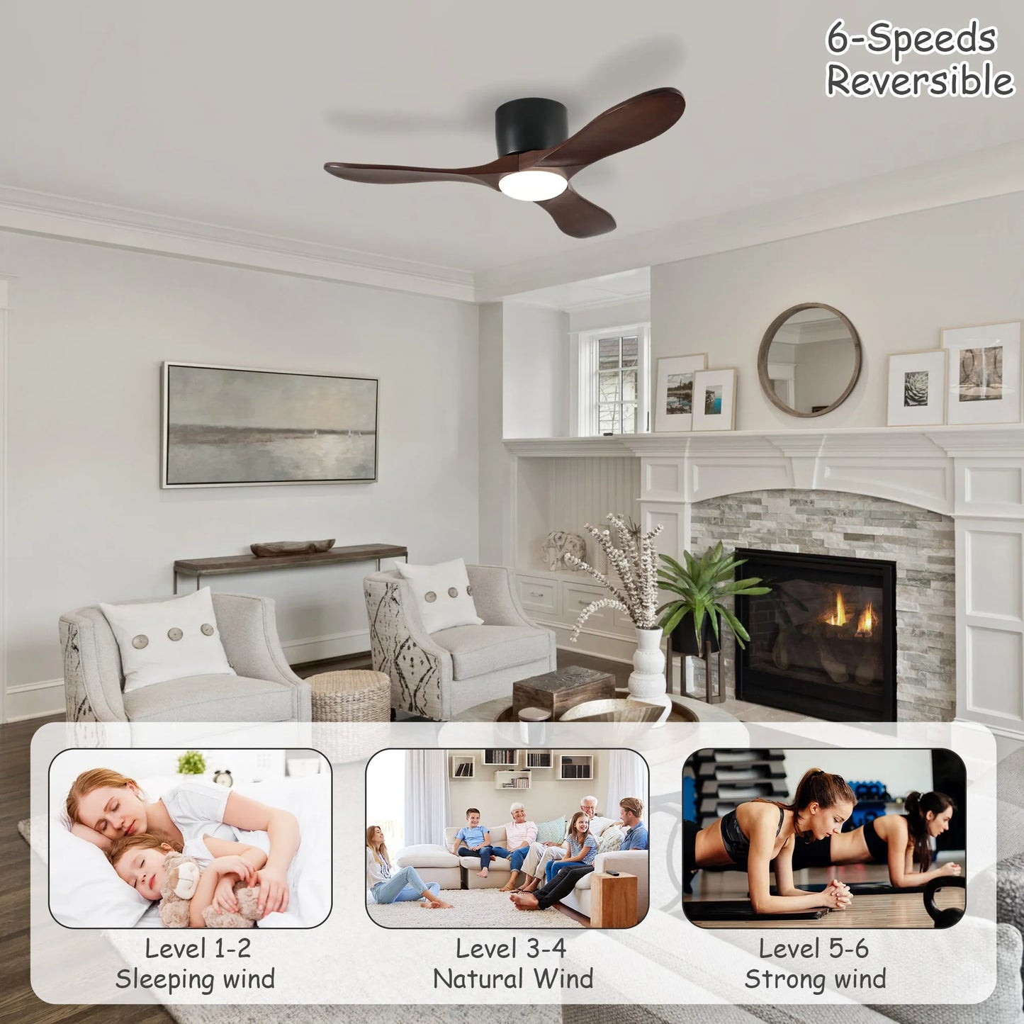 42-inch Ceiling Fan with Light, 3 Dark Walnut Wood Blades, Remote Control, Reversible DC Motor for Living Room – view 6