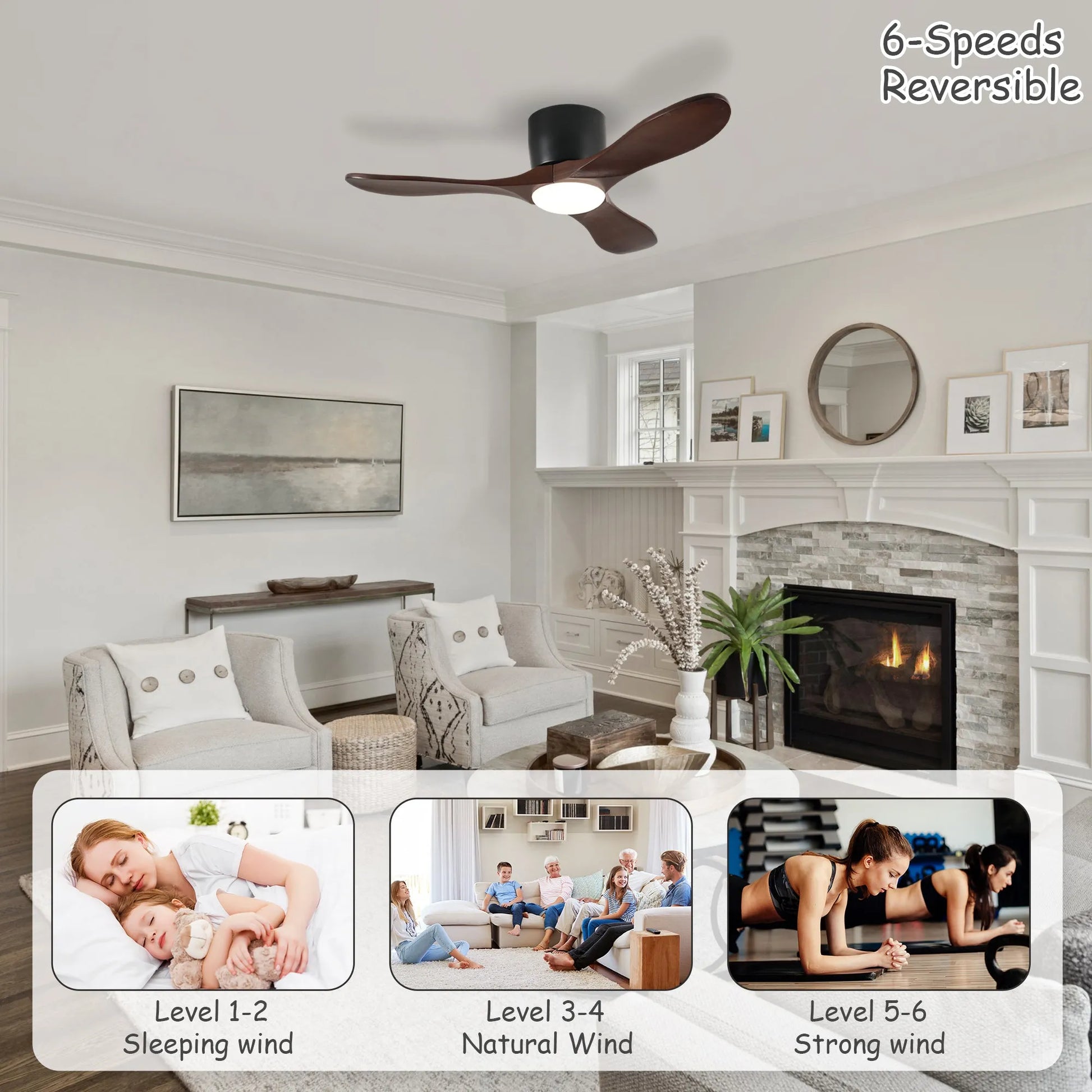 42-inch Ceiling Fan with Light, 3 Dark Walnut Wood Blades, Remote Control, Reversible DC Motor for Living Room – view 6