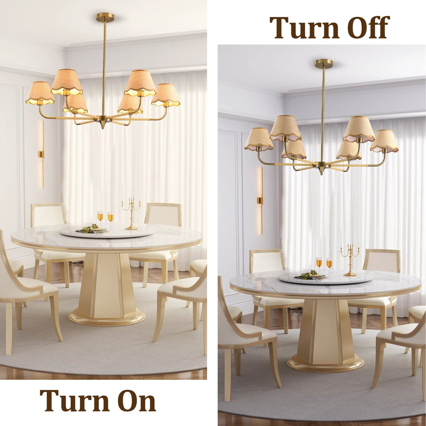 38' Gold 6-lamp Chandelier with Hand-Woven Rattan Lampshade, Mid-Century Hanging Pendant Light Fixture for Dining Room, Living Room, or Kitchen (Bulb – view 6
